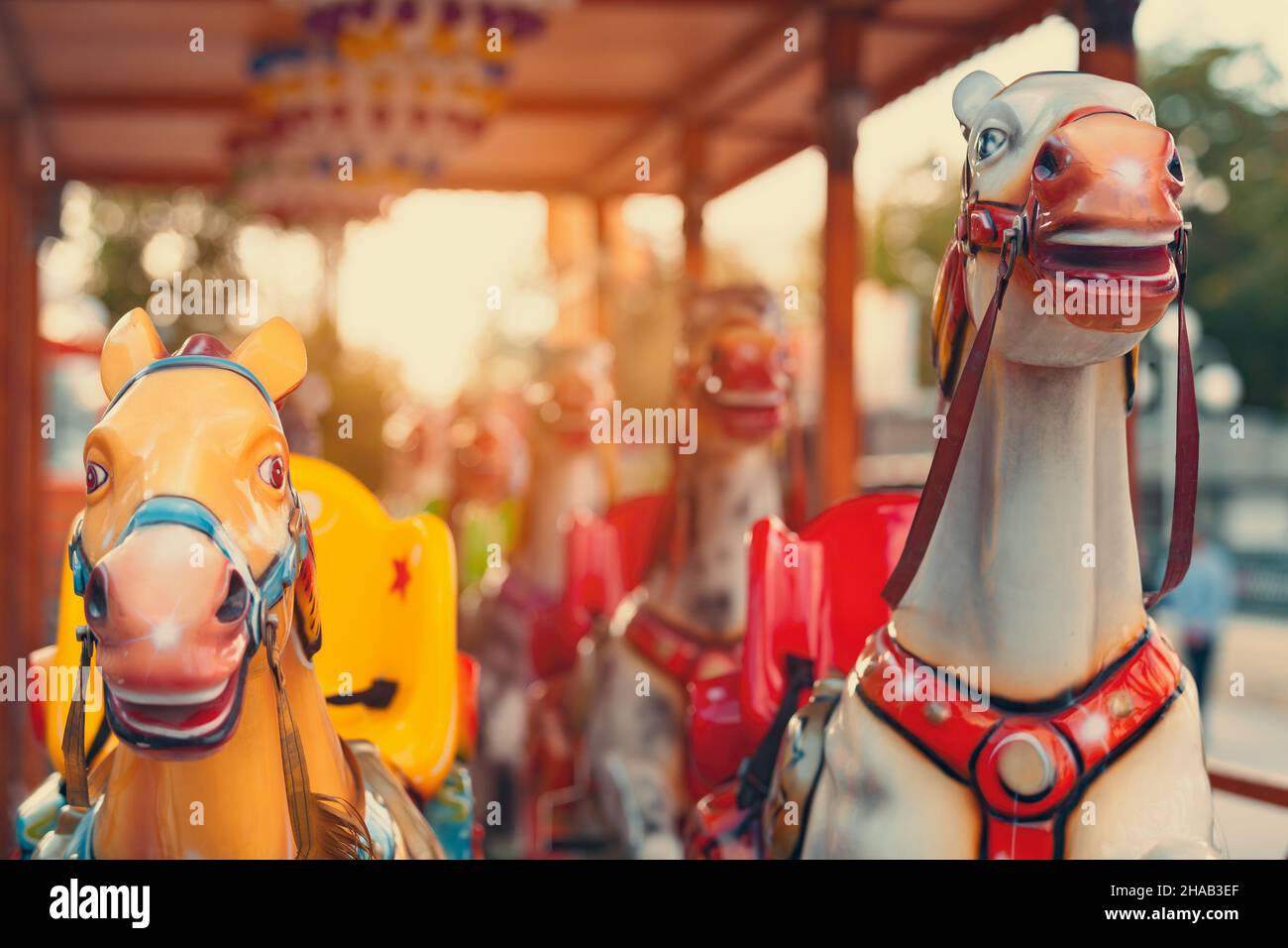 Vintage carousel horse ride at luna park. Stock Photo
