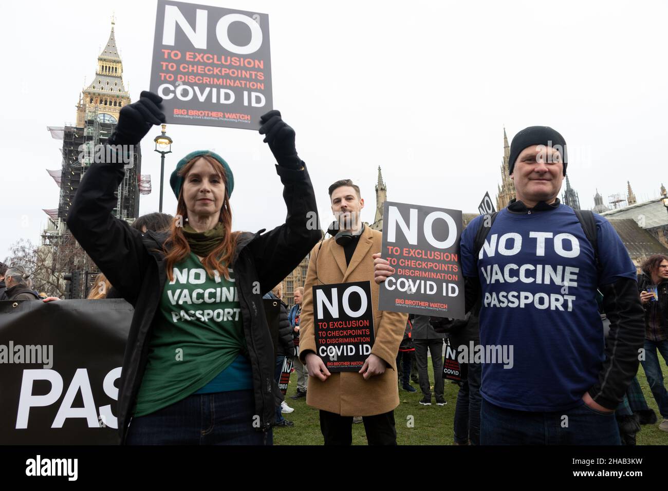 Protestors seen holding placards that say 'No to exclusion, to checkpoints, to discrimination, COVID ID' and wearing shirts that say 'No to vaccine passports' during the demonstration.Jointly led by Big Brother Watch and Migrant Organise, protestors gathered to voice discontent in relation to the UK government's attempt to make vaccine passports and other forms of COVID IDs a requisite for large scale events and entry into public spaces. The group seeks to clearly delineate the difference between anti vaccine passports specifically and anti vaccines, with which they identify with the former. ( Stock Photo
