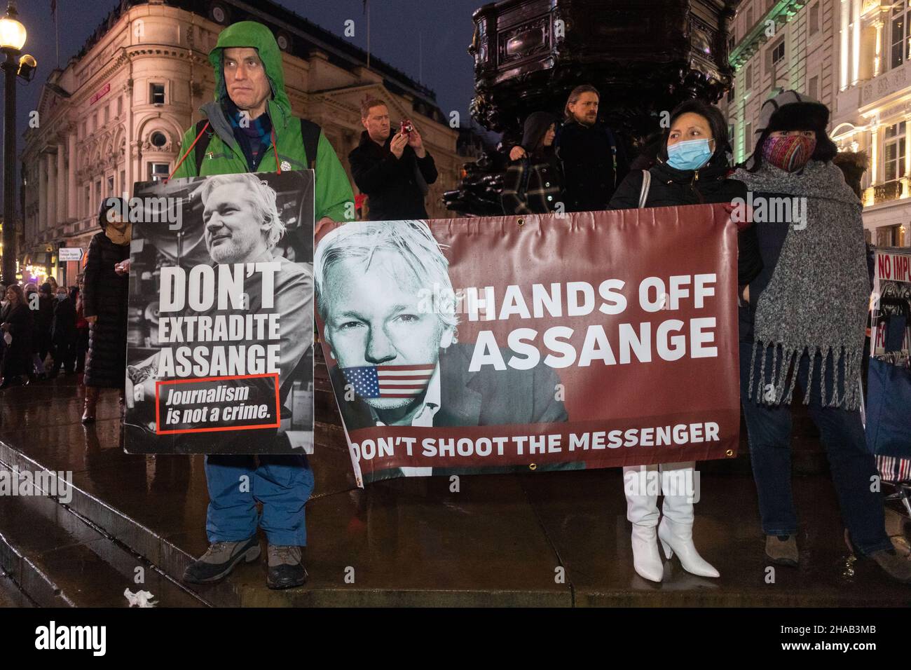 Protestors seen holding a banner that says 'Hands off Assange. Don't shoot the messenger' and a placard that says 'don't extradite Assange. Journalism is not a crime' during the demonstration. Julian Assange, an Australian journalist and founder of Wikileaks. In 2010, he published a series of leaks including correspondence and videos from military files. The files were supplied by then U.S. Army intelligence analyst Chelsea Manning. Since Assange's arrest in 2019, he has been incarcerated in Belmarsh Prison in London. Recently, the UK High Court ruled that Assange can be extradited to the US. Stock Photo