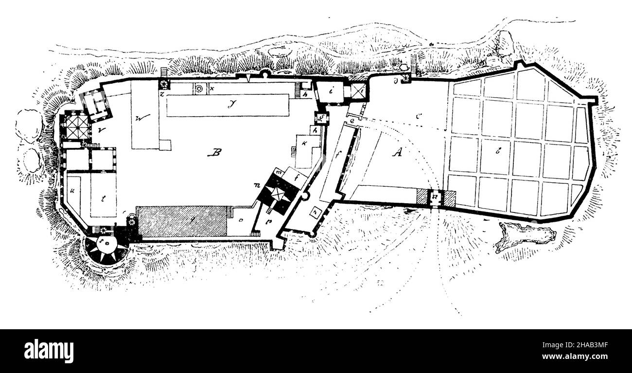 Floor plan of Bentheim Castle according to a drawing from 1873: a outer gate, b kitchen garden, c ornamental garden, d sally port, e middle gate, ff batteries, inner gate, h gate guard, i castle chapel, k chancellery, m smithy, n fortification tower, o terrace, p battery, q residential house, r spiral staircase, s fortification tower, u battery, t v crown castle, w women's residential house, x well, y stables, z sally port, ,  (encyclopedia, 1889), Grundriss des Schlosses Bentheim nach einer Zeichnung vom Jahr 1873: a Außentor, b Küchengarten, c Ziergarten, d Ausfallpförtchen, e mittleres Tor, Stock Photo