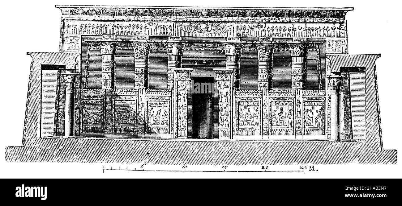 Temple at Edfu. Front view of the columned hall, ,  (cultural history book, 1892), Tempel zu Edfu. Vorderansicht des Säulensaals, Temple d'Edfou. Vue de face de la salle des colonnes Stock Photo