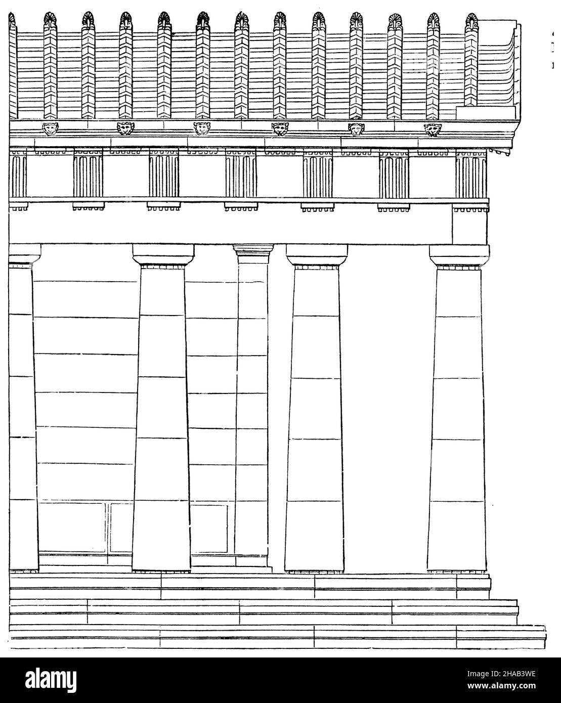 Doric temple. Side view. In the elevation, ,  (cultural history book, 1892), Dorischer Tempel. Seitenansicht. Im Aufriss, Temple dorique. Vue de côté. En élévation. Stock Photo