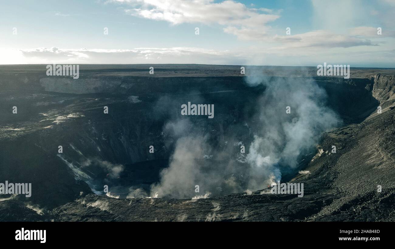 Helicopter over Kilauea Volcano in Hawaii Volcanoes National Park on