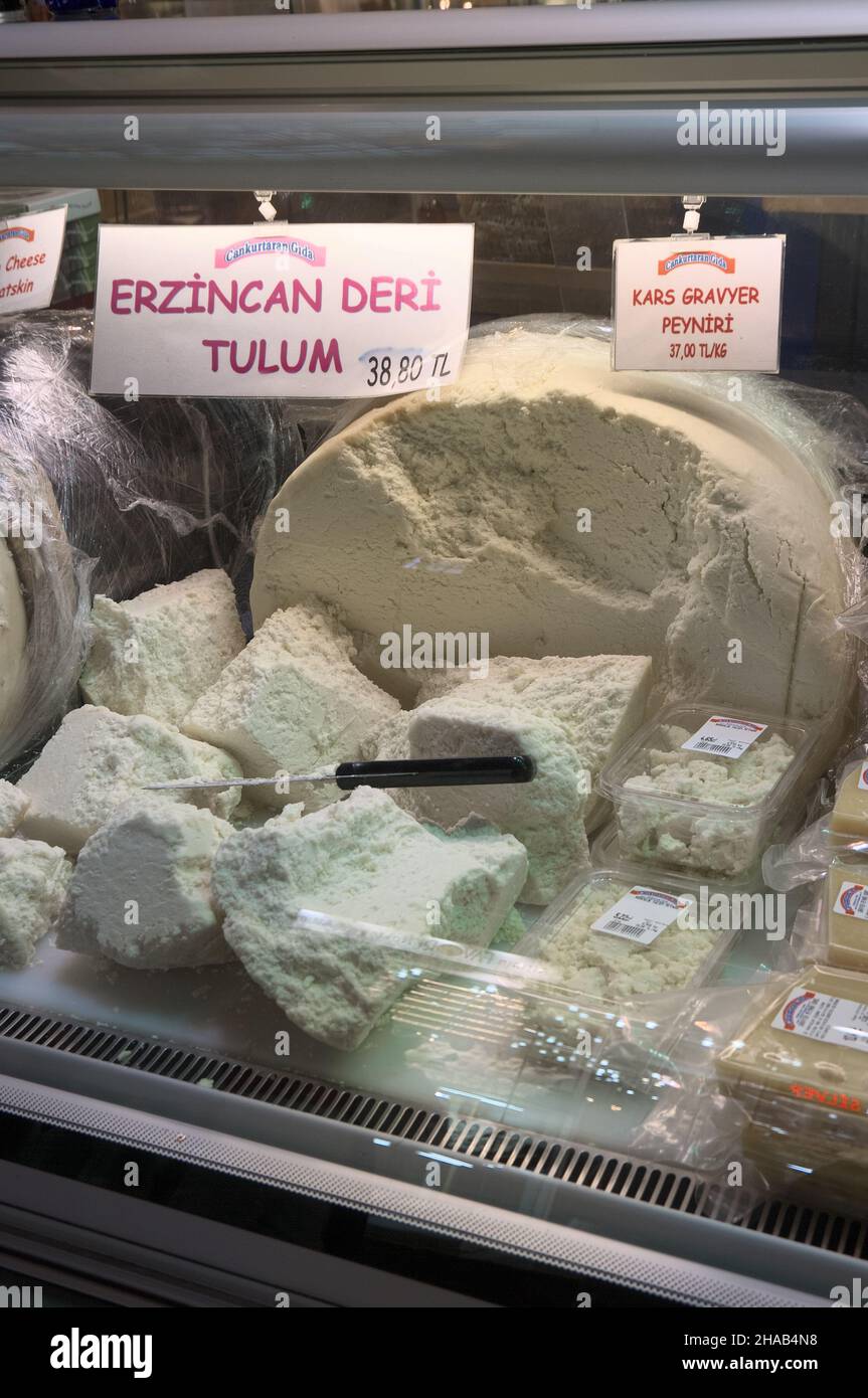 food and culture in Turkey Tulum is a traditional goat's milk cheese from Erzincan in Istanbul's Grand Bazaar Stock Photo