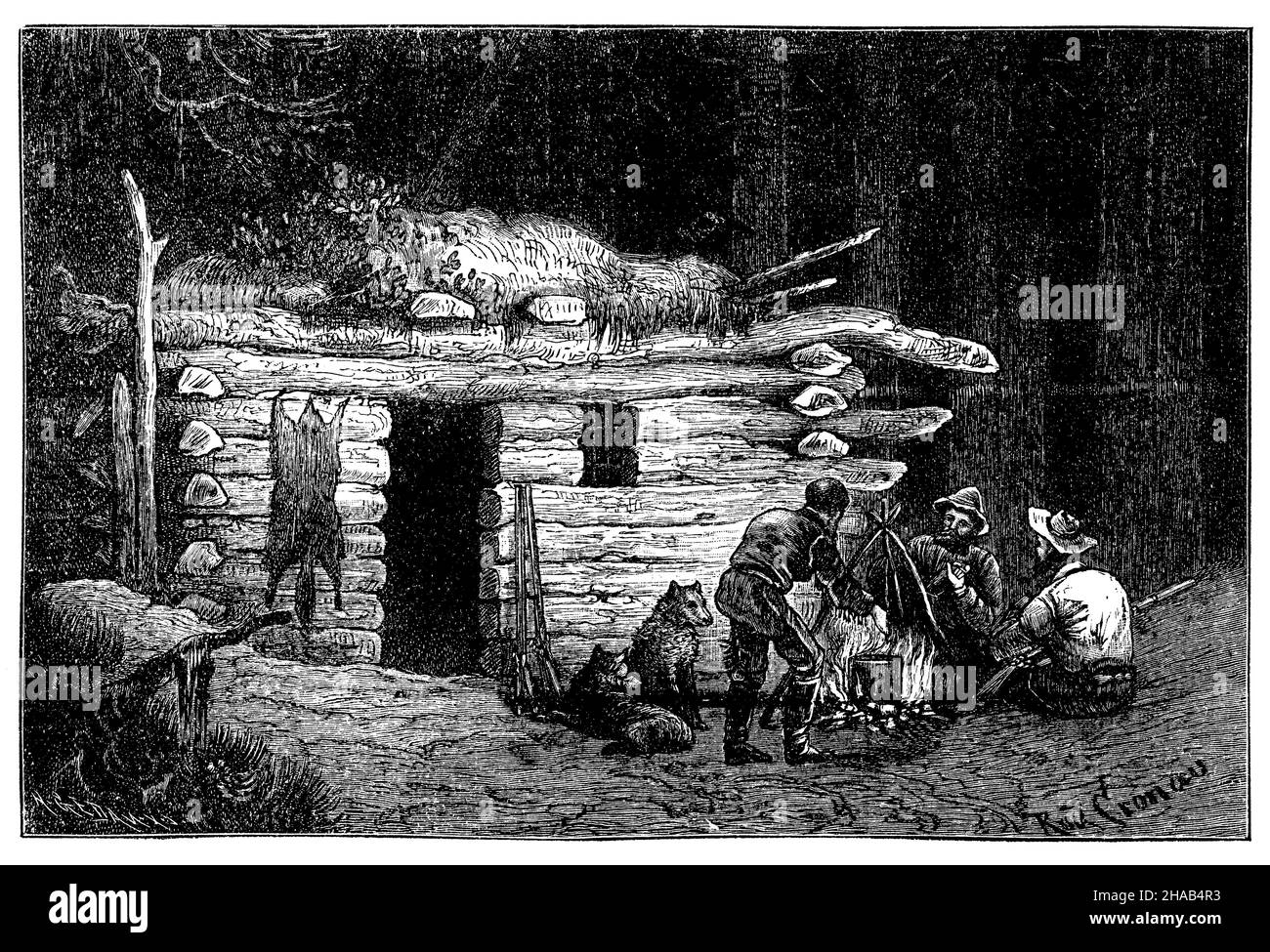 Log cabin and trapper in jungle, , Rudolf Cronau (geography book, 1904), Blockhaus und Trapper im Urwald, Blockhaus et trappeur dans la forêt vierge Stock Photo