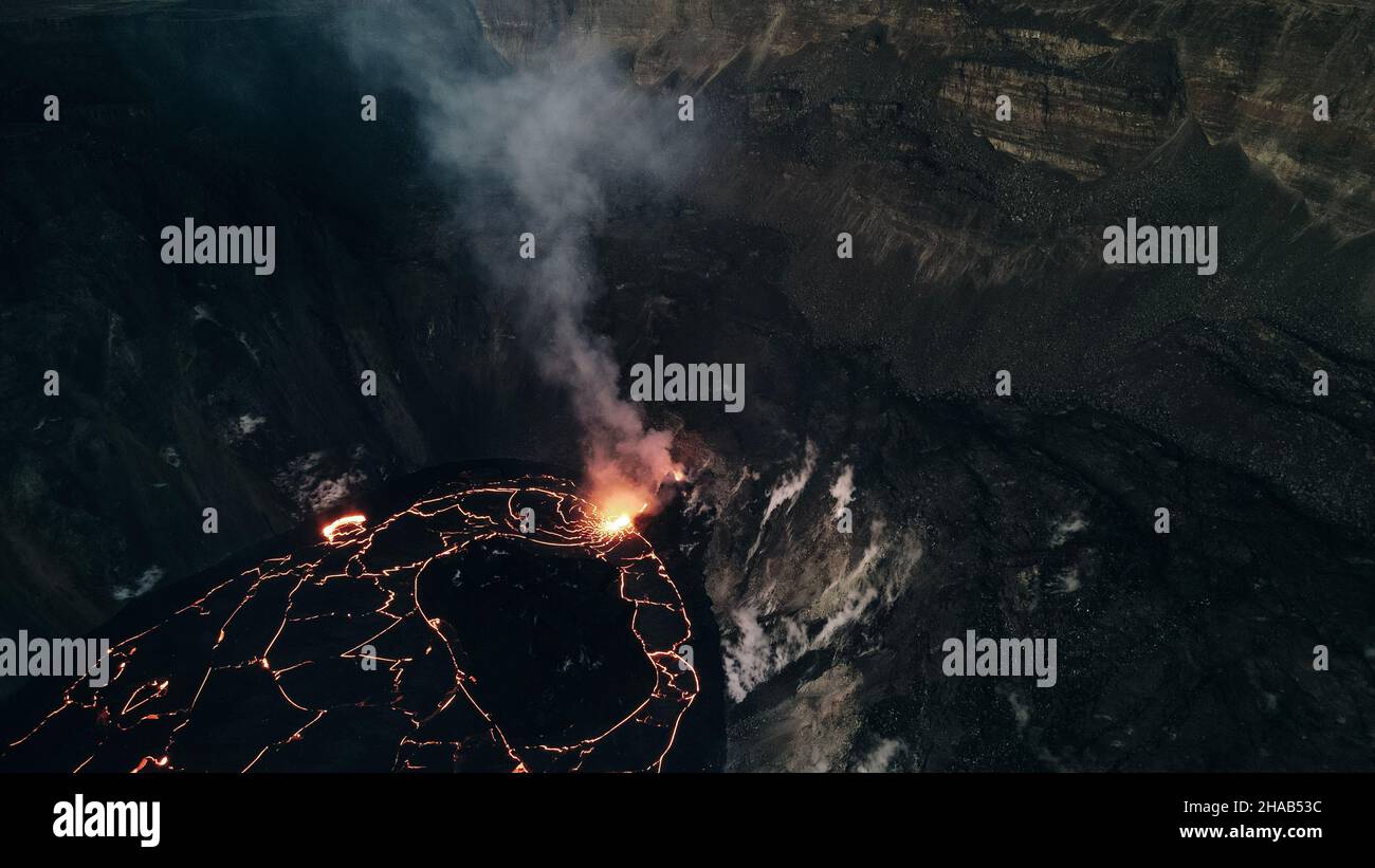 Helicopter over Kilauea Volcano in Hawaii Volcanoes National Park on
