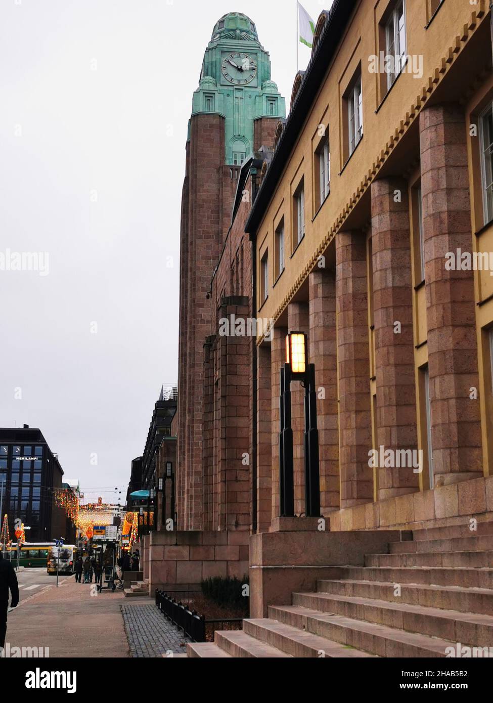 The famous Helsinki railway station with a clock tower in Finland Stock