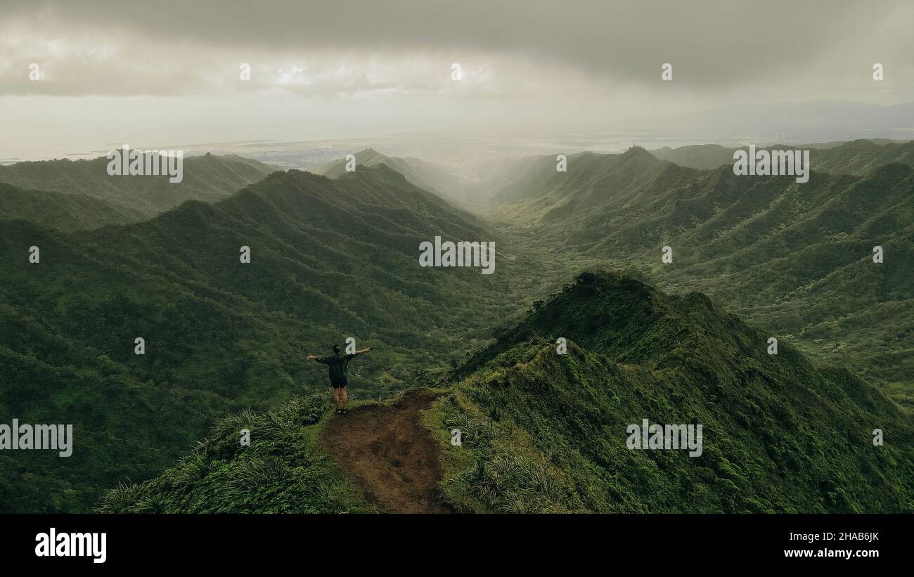 Mountain top views in Oahu. Moanalua Valley Trail in hawaii. High