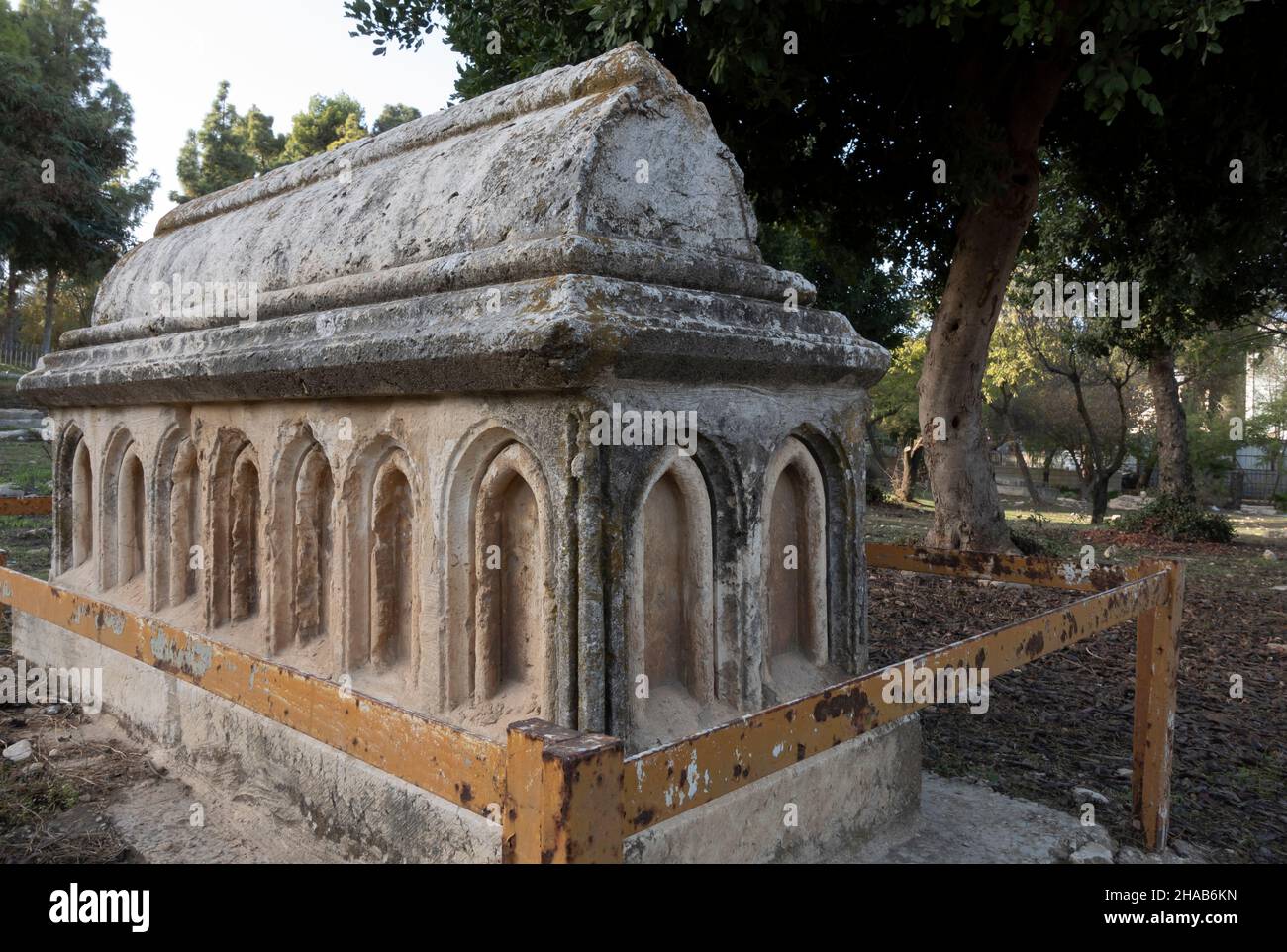 Old tombstone at the Mamilla Cemetery a historic Muslim cemetery located in the center of west Jerusalem Israel. The cemetery contains the remains of figures from the early Islamic period, Sufi shrines and Mamluk era tombs. Stock Photo