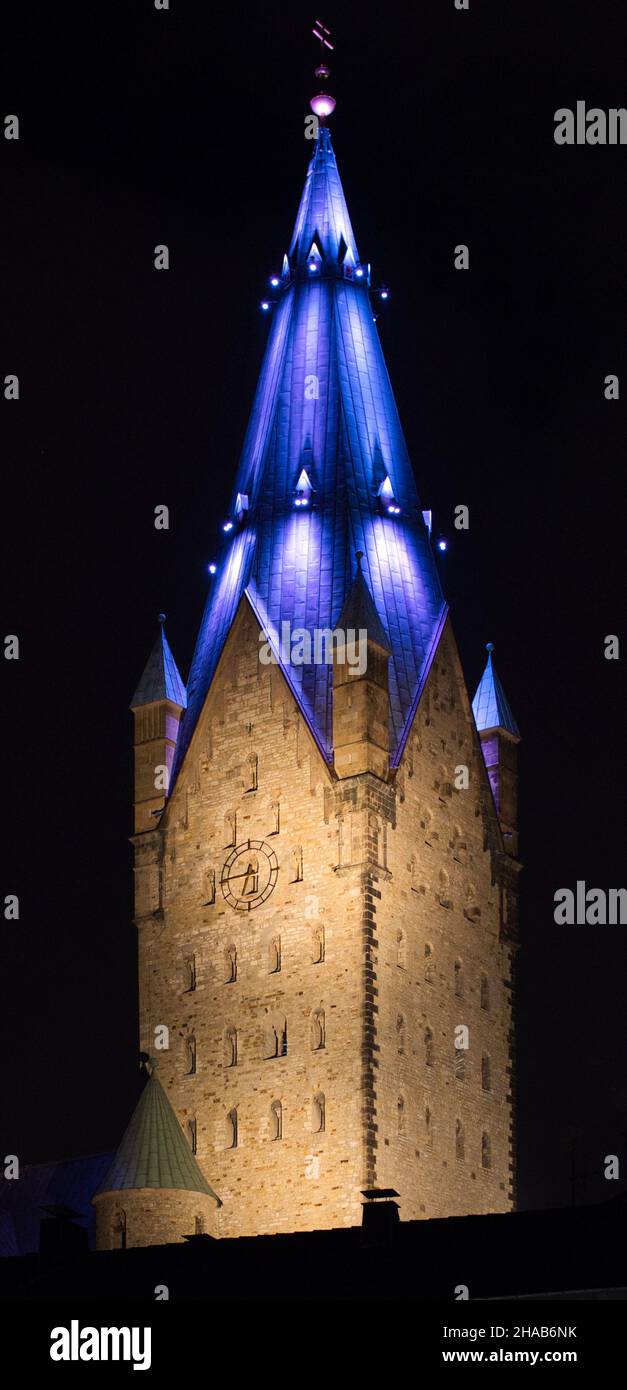 Romanesque west tower Paderborner Dom by night ( Christmas Market ) Stock Photo