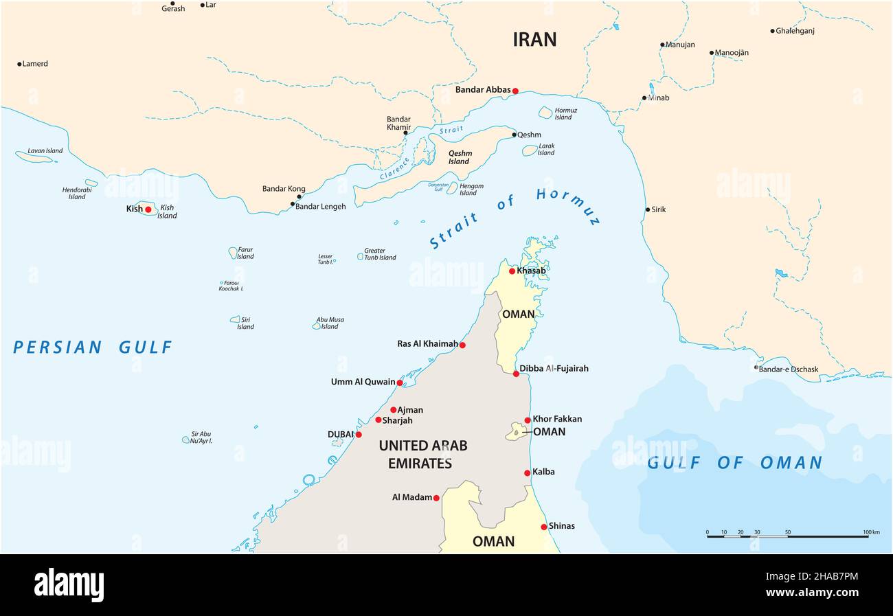 graphic vector map of Strait of Hormuz, Iran, Oman Stock Vector