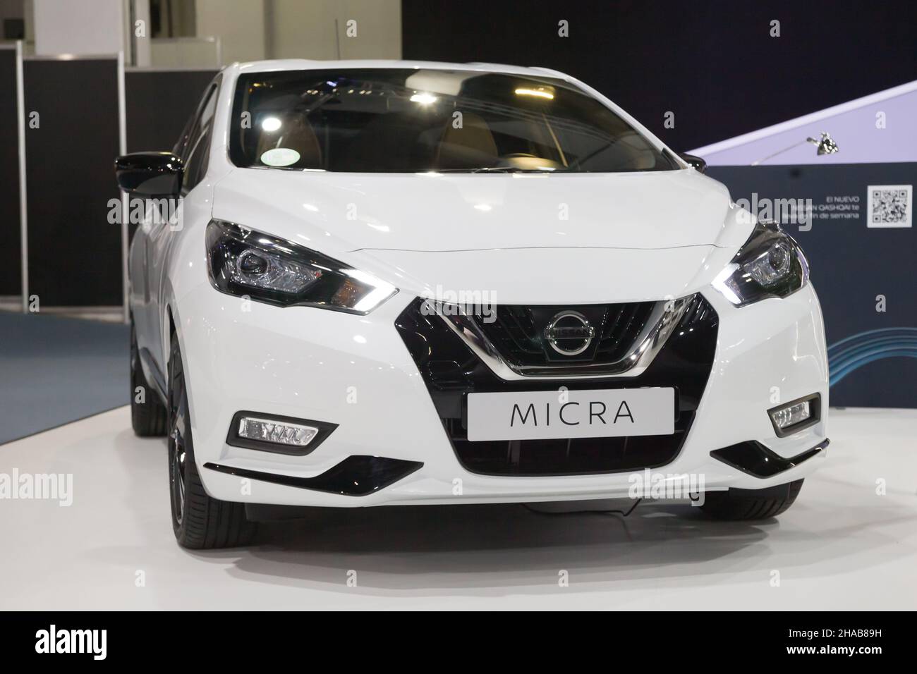 Barcelona, Spain - October 7, 2021: Nissan Micra N-Sport IG-T showcased at Automobile Barcelona 2021 in Barcelona, Spain. Stock Photo