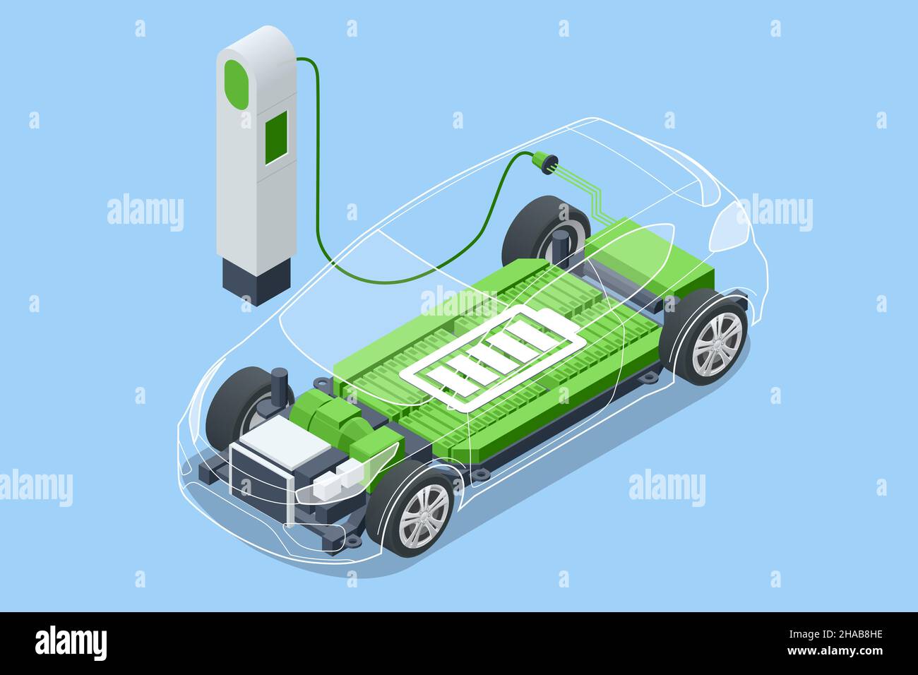 Isometric Electric car refueling. Power supply for electric car