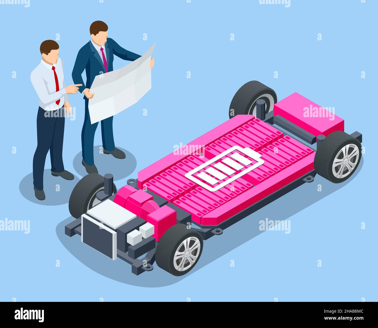 Isometric Electric car refueling. Power supply for electric car
