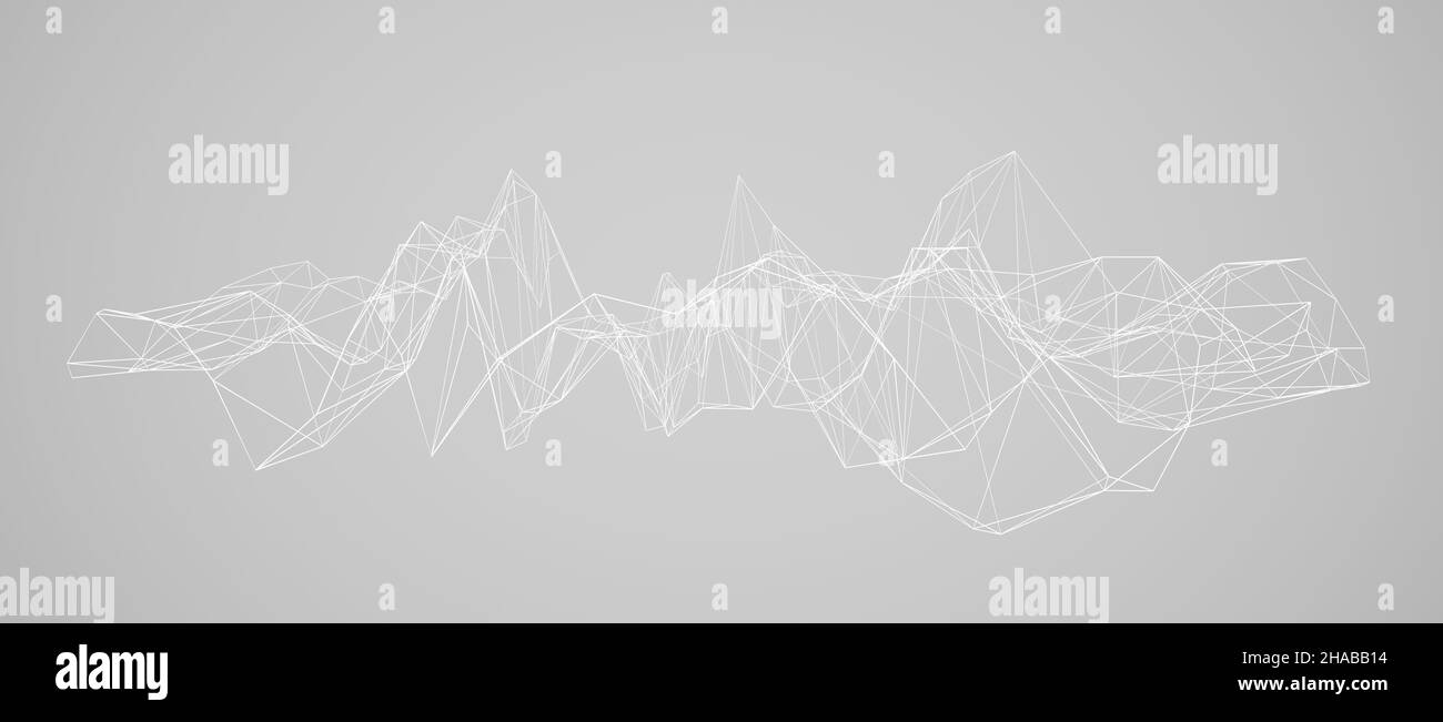 Connected low poly lines or polygonal landscape, abstract grey monochrome background Stock Photo