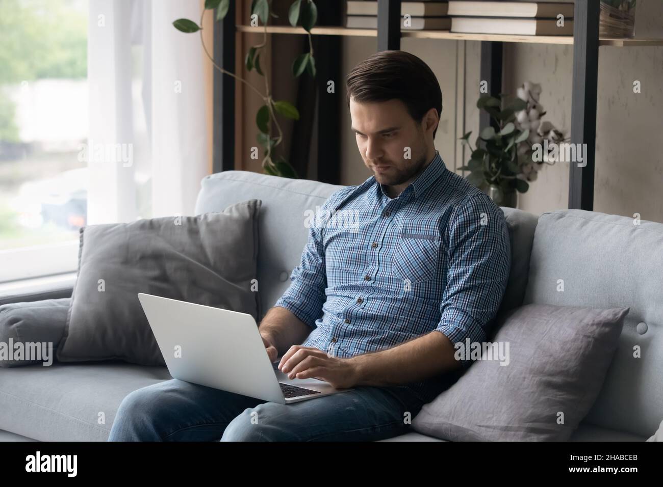 Serious focused man sit on couch at home with laptop Stock Photo