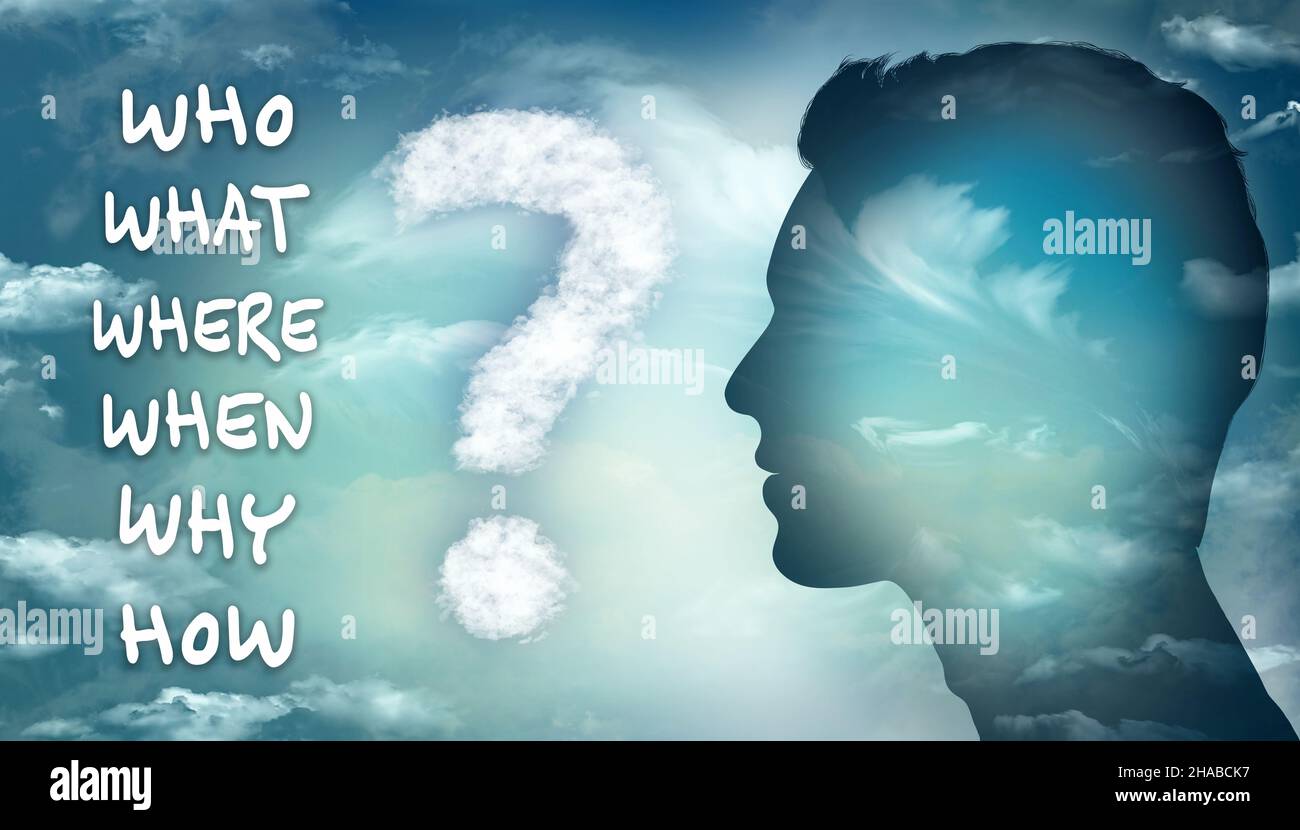 Silhouette man displaying a question mark made of clouds and the text ...