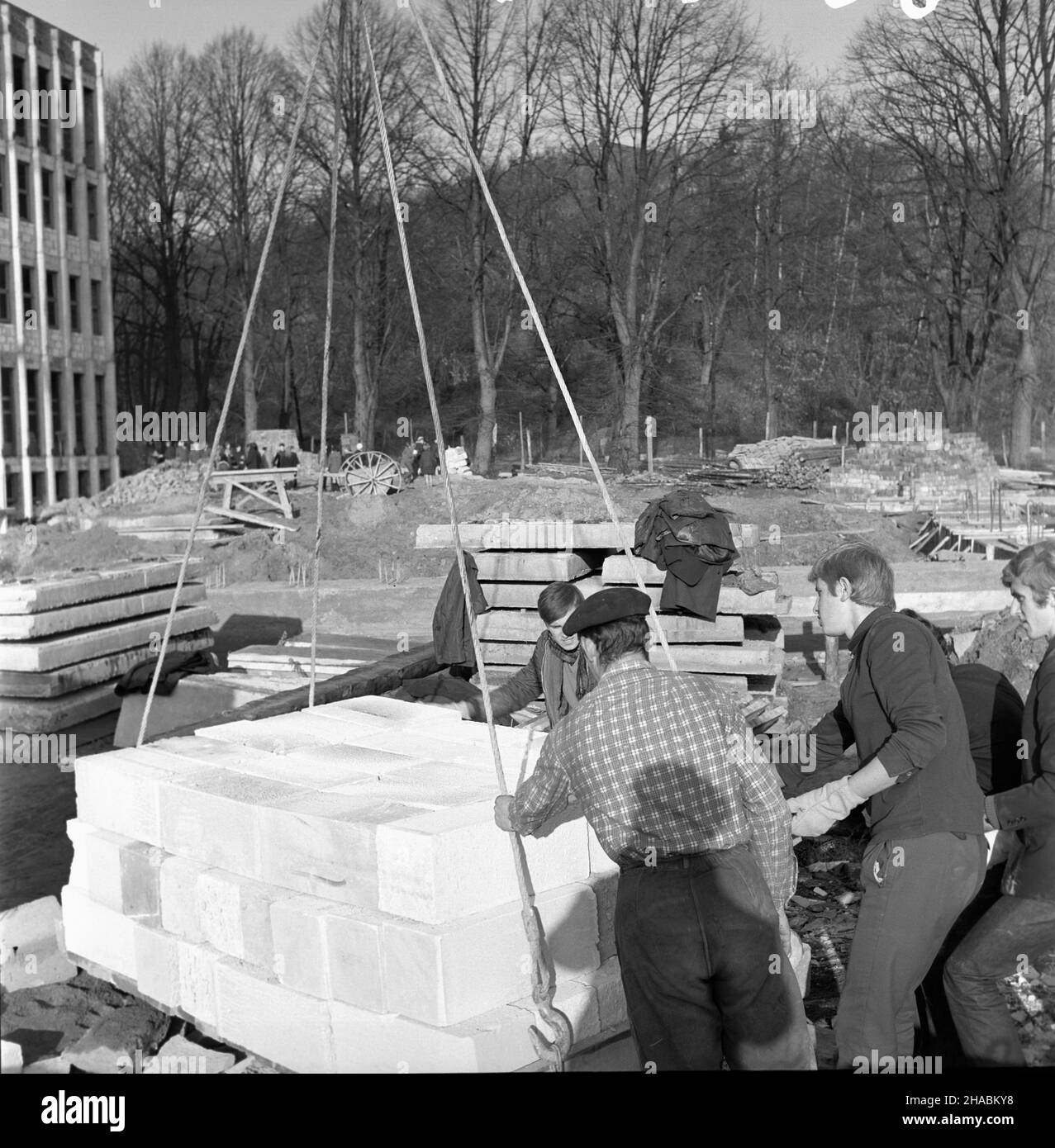 Sopot, 1969-11. Budowa nowego budynku Wy¿szej Szko³y Ekonomicznej (obecnie Wydzia³ Ekonomiczny Uniwersytetu Gdañskiego przy ul. Armii Krajowej 119-121). Nz. studenci WSE pomagaj¹cy w pracach budowlanych w ramach czynu spo³ecznego. uu  PAP/Janusz Uklejewski    Dok³adny dzieñ wydarzenia nieustalony.      Sopot, November 1969. Construction of a new building of the University of Economics (today the Economics Faculty of Gdansk University at 119-121 Armii Krajowej (the Home Army) Street. Pictured: students of the University of Economics helping build their school.  uu  PAP/Janusz Uklejewski Stock Photo