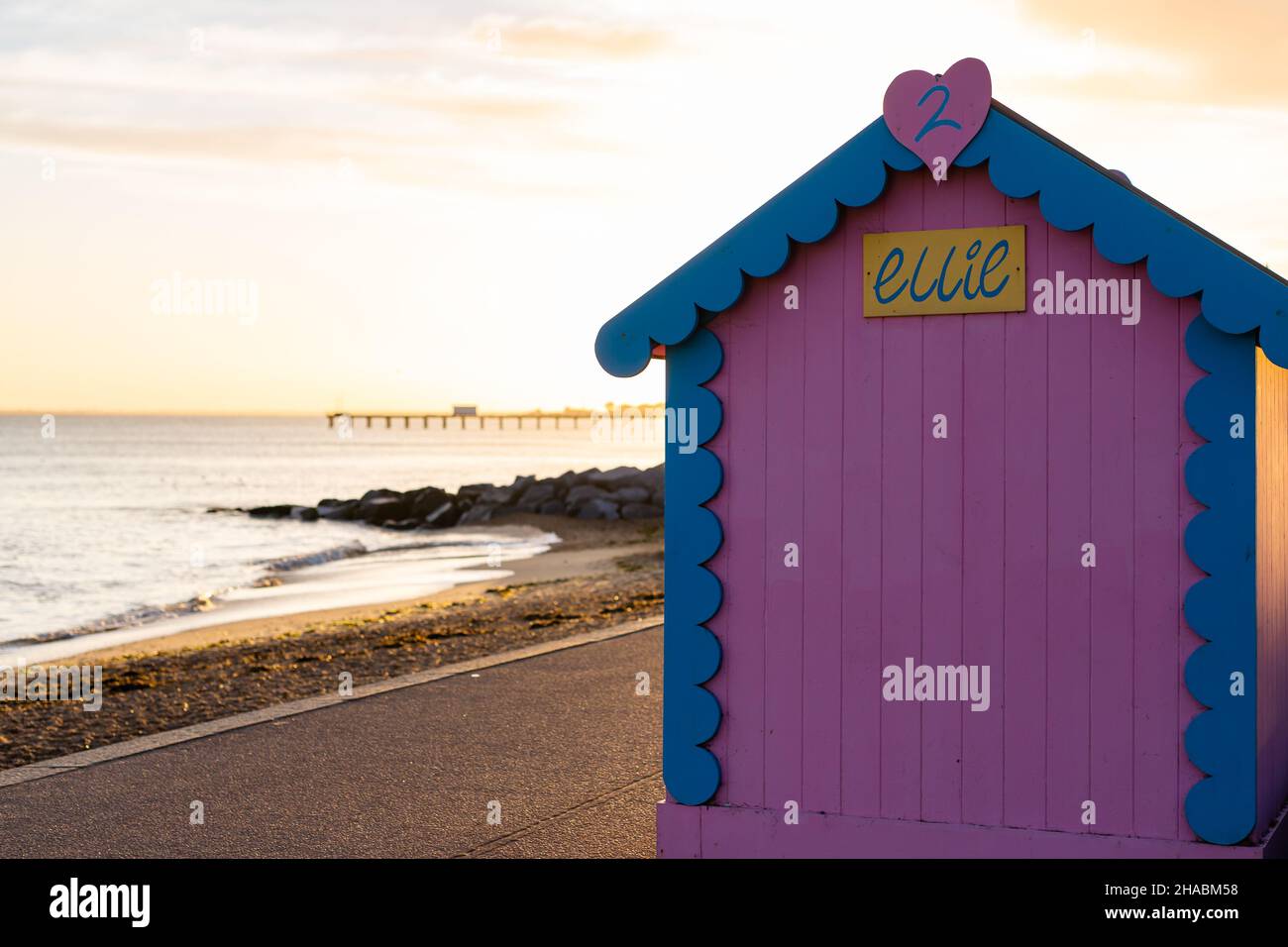 Beach huts in Felixstowe, Suffolk, England Stock Photo