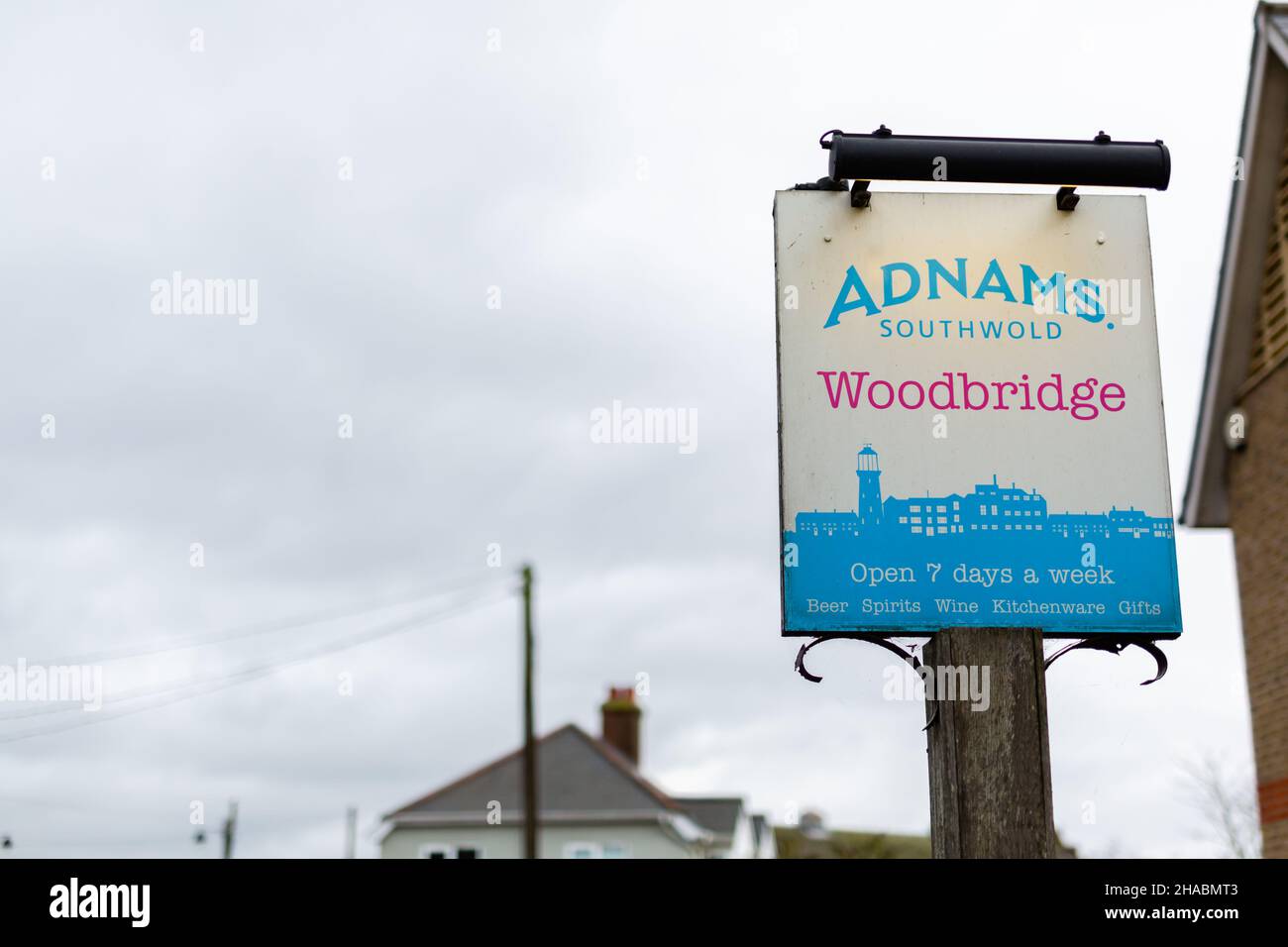 Woodbridge Suffolk UK November 26 2021: Sign for the popular Woodbridge Adnams shop Stock Photo