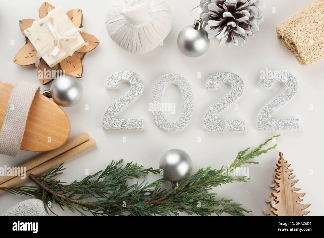 New Year festive trendy minimalistic background for spa and beauty industry. Stock Photo