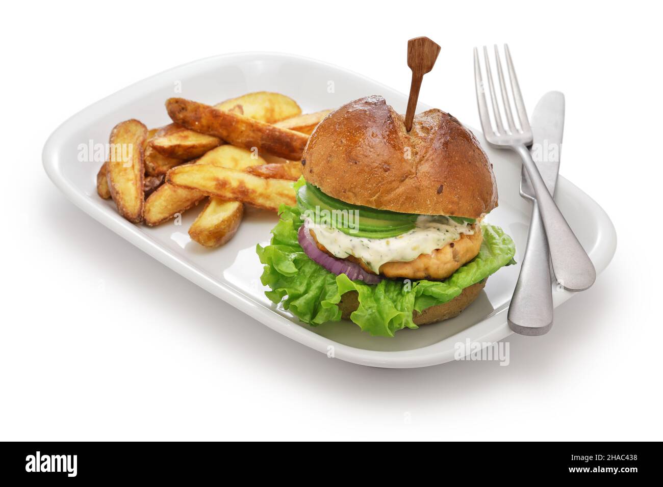 homemade salmon burger with avocado and tartar sauce Stock Photo Alamy