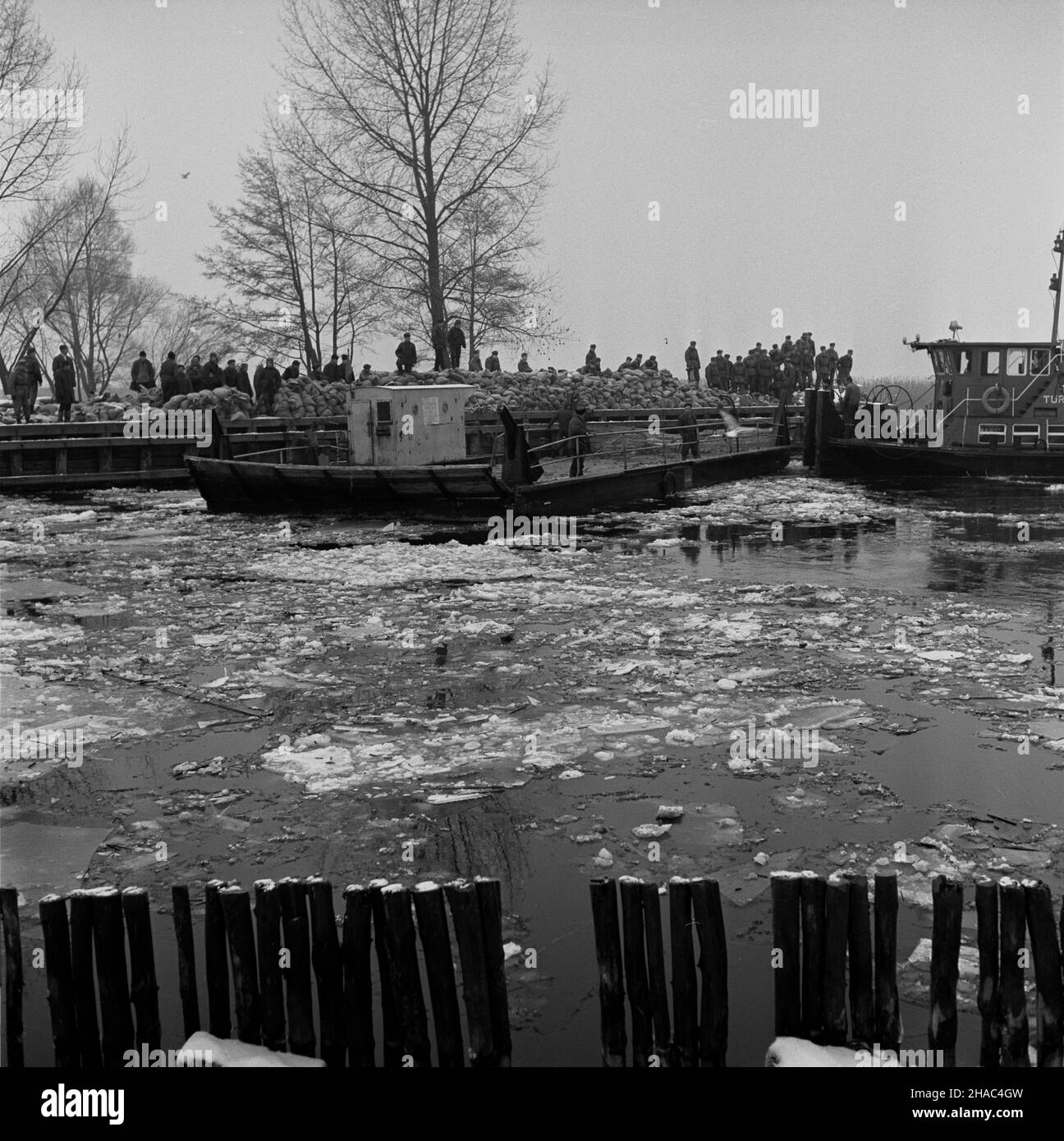 Lubczyna, 1969-12. Niekorzystne warunki atmosferyczne spowodowa³y spiêtrzenie wód jeziora D¹bie, które przerwa³y w okolicy Lubczyny wa³ przeciwpowodziowy i zala³y teren o powierzchni 1000 ha. Nz. kra przy wale przeciwpowodziowym. kw  PAP/Andrzej Witusz  Dok³adny dzieñ wydarzenia nieustalony.      Lubczyna, Dec. 1969. Inconvenient weather conditions caused pilling up of the waters of Dabie Lake. Water broken a dam near Lubczyna and flooded the area of 1000 hectares. Pictured: pieces of ice at the dam.  kw  PAP/Andrzej Witusz Stock Photo