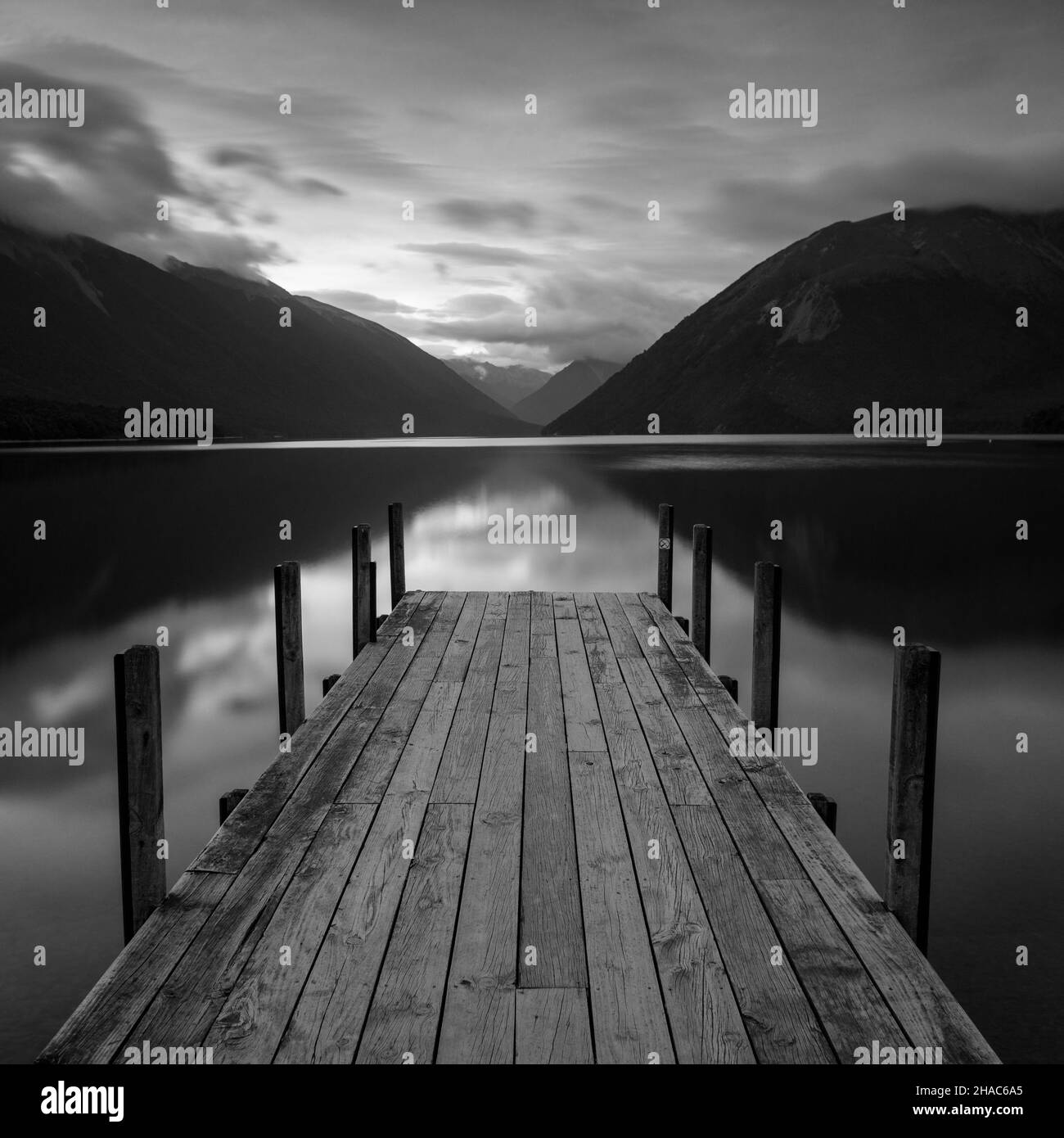 Jetty at Lake Rotoiti, Nelson Lakes National Park, New Zealand Stock