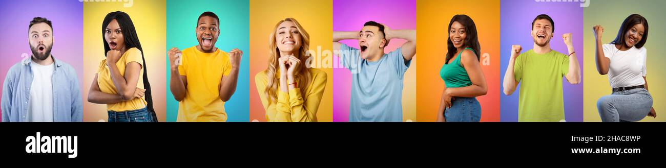 Set of emotional people with euphoric and shocked face expressions