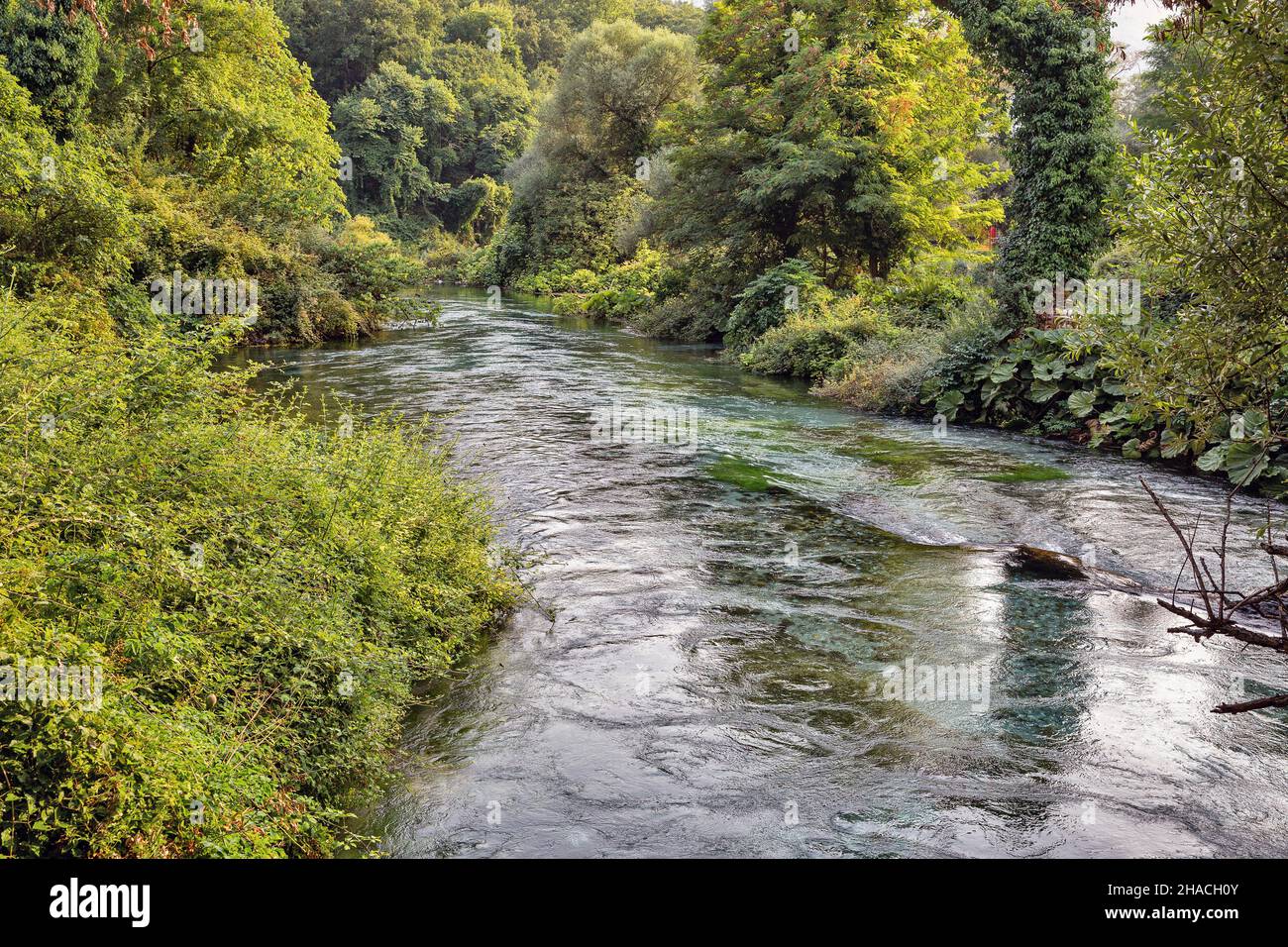 The Blue Eye water spring near Muzine in Vlore County, southern Albania. A popular tourist attraction. Stock Photo