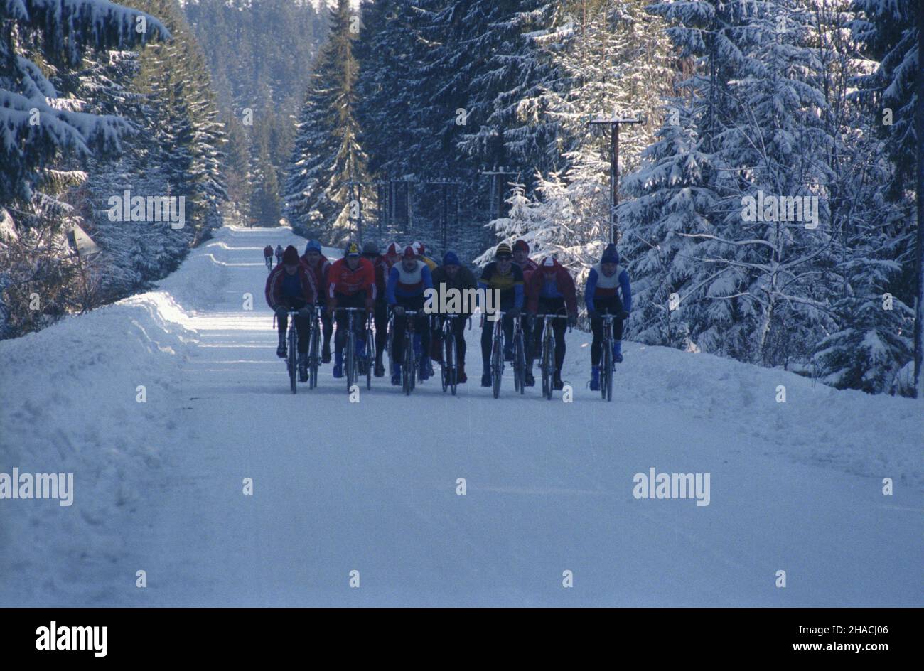 Zakopane 01.1986. Zmowy trening szosowy na zgrupowaniu kadry kolarzy Polskiego Zwi¹zku Kolarskiego (PZKol).  mw  PAP/Jerzy Ochoñski    Dok³adny dzieñ wydarzenia nieustalony.         Zakopane, January 1986. Polish Cycling Union's winter training camp.   mw  PAP/Jerzy Ochonski    Event day unknown. Stock Photo