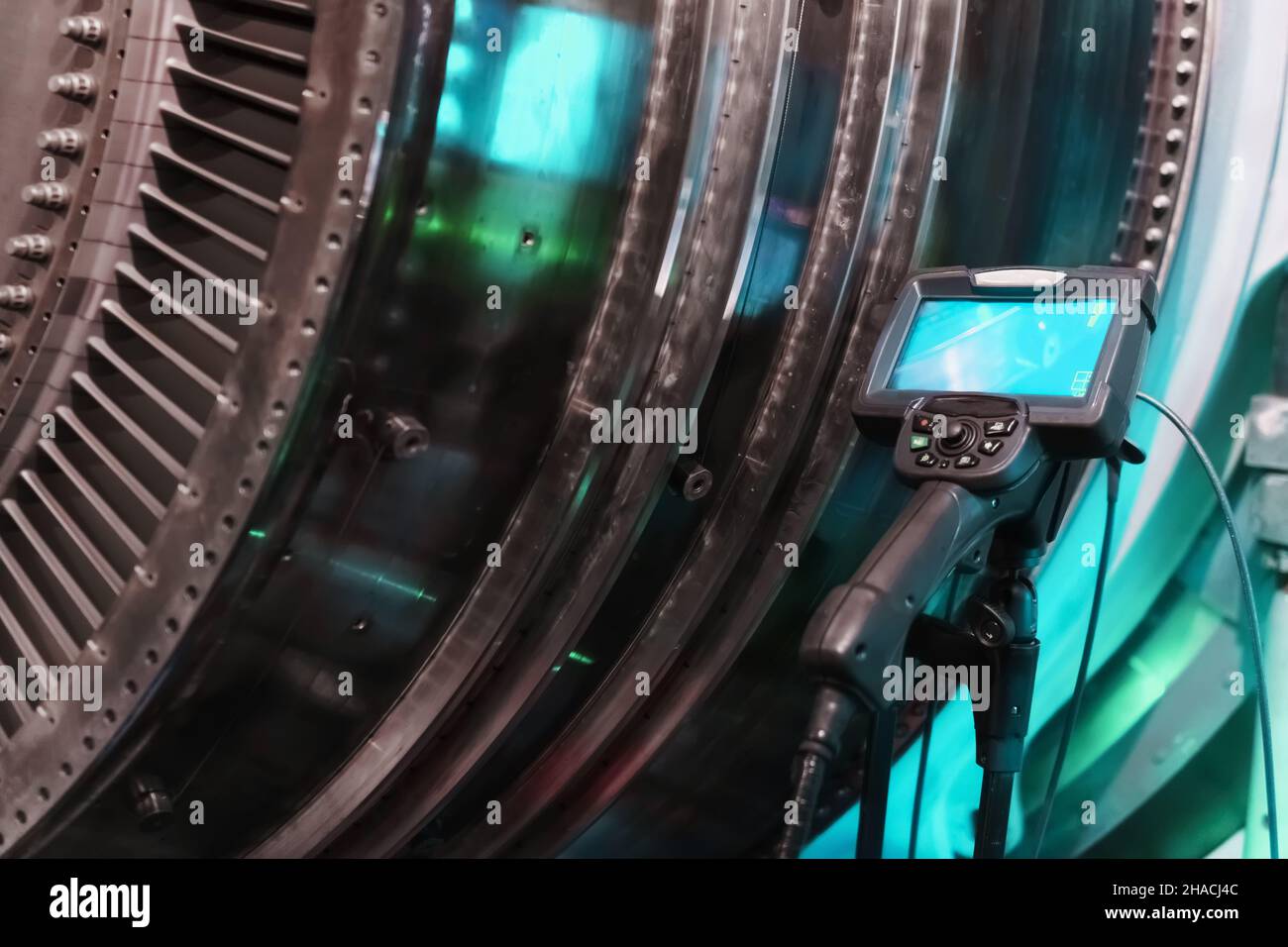 Borescope camera display on a tripod located at the turbine, Inspection ...