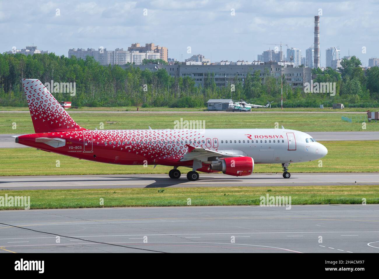 SAINT PETERSBURG, RUSSIA - JUNE 20, 2018: Airbus A320-200 'Kursk' (VQ-BCG) of Rossiya Airlines after landing in Pulkovo airport on a sunny June day Stock Photo