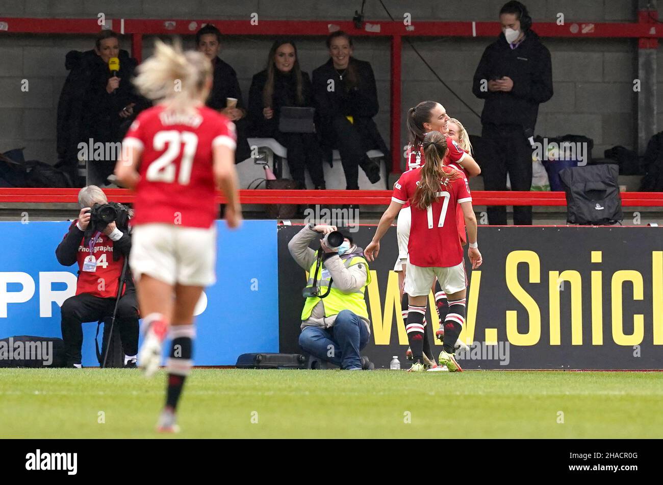 Manchester United's Vilde Boe Risa celebrates scoring their side's second goal of the game during the Barclays FA Women's Super League match at The People's Pension Stadium, Brighton. Picture date: Sunday December 12, 2021. Stock Photo