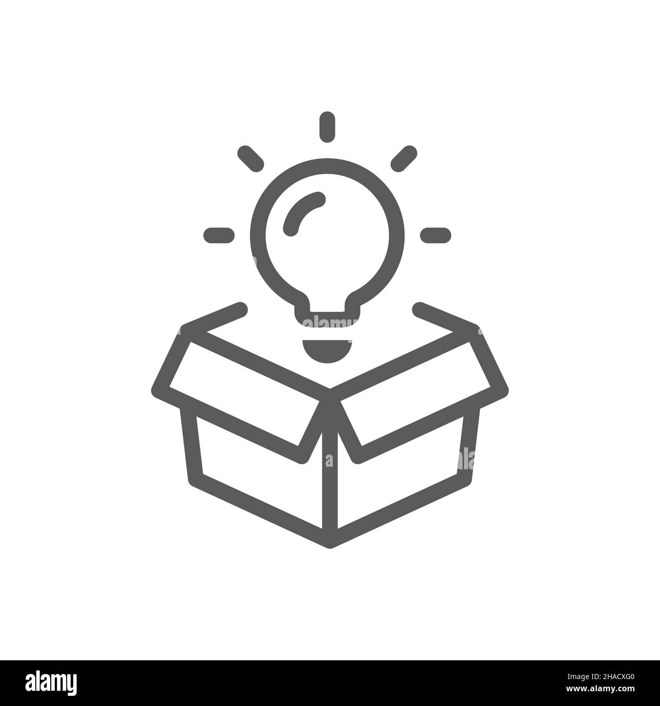 Open box with lightbulb black vector icon. Idea, innovation light bulb symbol. Stock Vector