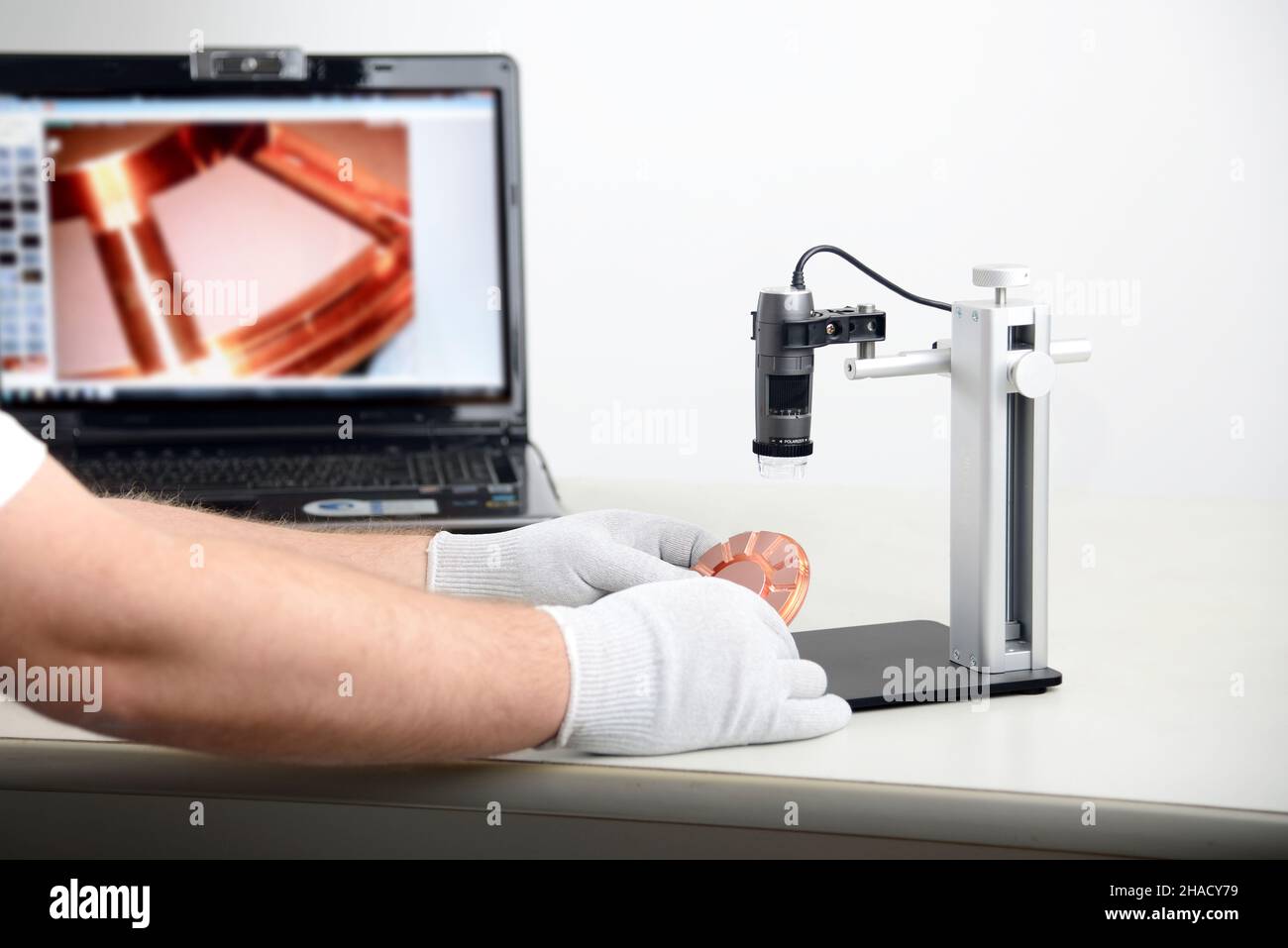 Electronic microscope with pc, concept of scientific research and new technologies Stock Photo