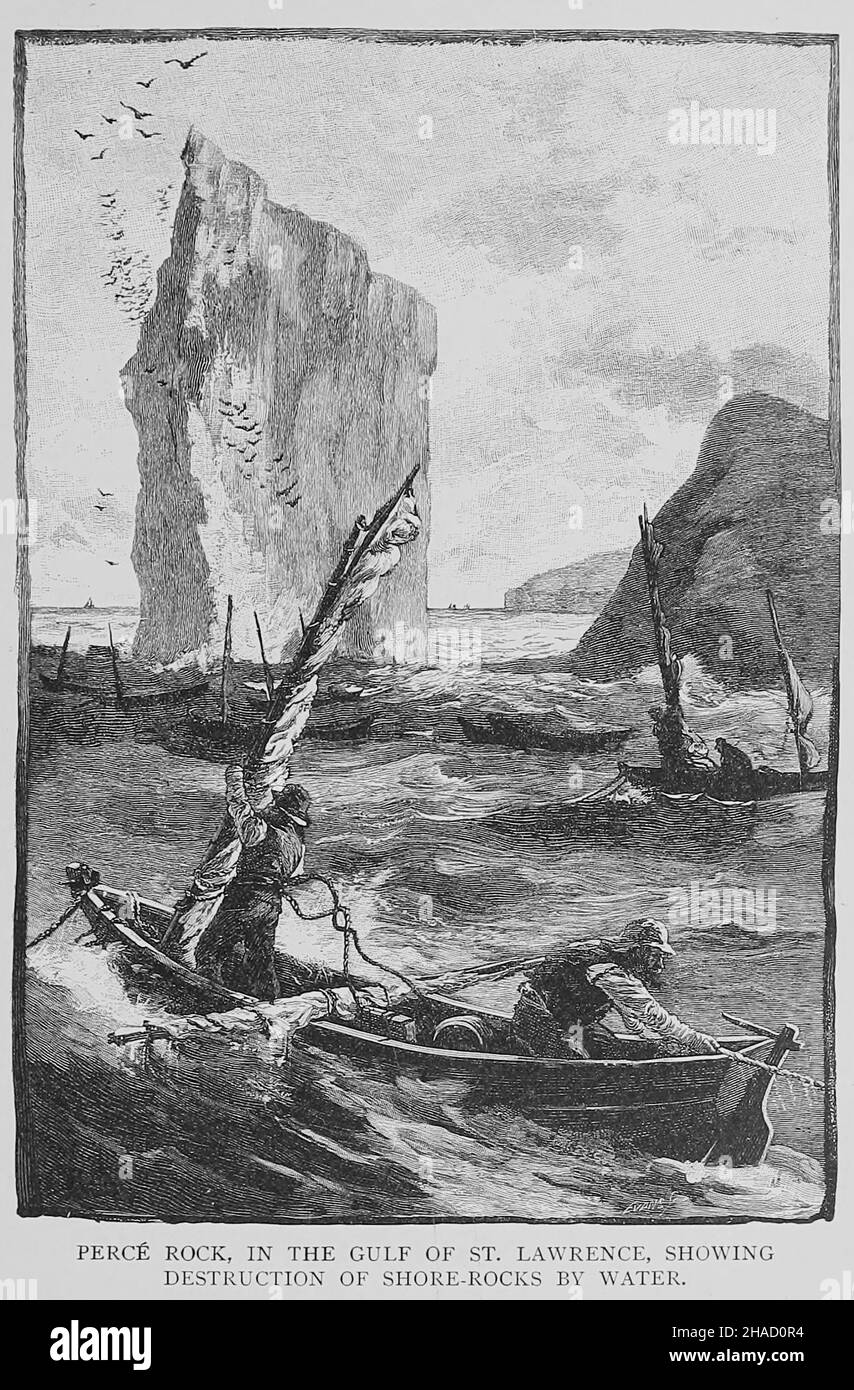 PERCE ROCK, IN THE GULF OF ST. LAWRENCE, SHOWING DESTRUCTION OF SHORE-ROCKS BY WATER from ' The book of the ocean ' by Ernest Ingersoll, Publication date 1898 Publisher: New York, The Century co. Topics include The ocean and its origin.-- Waves, tides, and currents.--The building and rigging of ships.--Early voyages and exploration.--Secrets won from the frozen North.--War-ships and naval battles.--The merchants of the sea.--Robbers of the seas.--Yachting and pleasure-boating.--Dangers of the deep.-- Fishing and other marine industries.--The plants of the sea and their uses.--Animal life in th Stock Photo