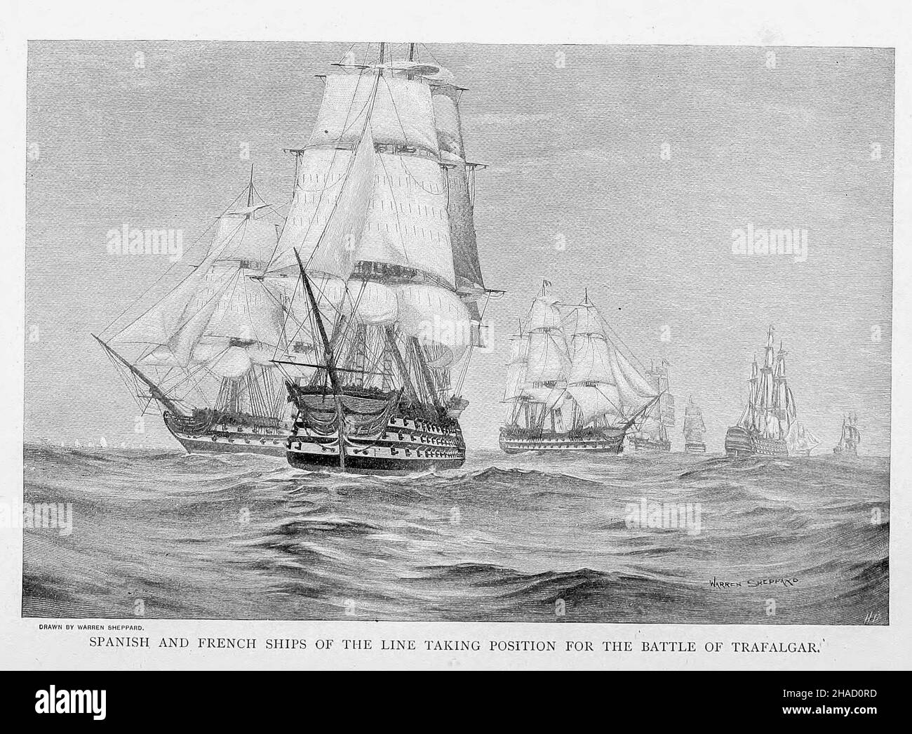 Spanish and French Ships of the Line, Taking Position for the Battle of Trafalgar [A naval battle in 1805 off the southwest coast of Spain; the French and Spanish fleets were defeated by the English under Nelson (who was mortally wounded)] from ' The book of the ocean ' by Ernest Ingersoll, Publication date 1898 Publisher: New York, The Century co. Topics include The ocean and its origin.-- Waves, tides, and currents.--The building and rigging of ships.--Early voyages and exploration.--Secrets won from the frozen North.--War-ships and naval battles.--The merchants of the sea.--Robbers of the s Stock Photo