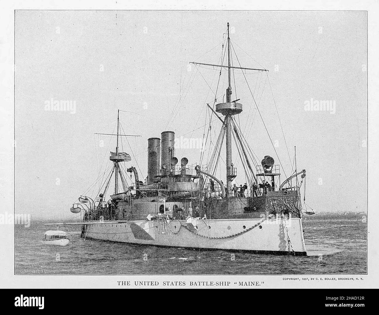 The United States Battle-Ship Maine from ' The book of the ocean ' by Ernest Ingersoll, Publication date 1898 Publisher: New York, The Century co. Topics include The ocean and its origin.-- Waves, tides, and currents.--The building and rigging of ships.--Early voyages and exploration.--Secrets won from the frozen North.--War-ships and naval battles.--The merchants of the sea.--Robbers of the seas.--Yachting and pleasure-boating.--Dangers of the deep.-- Fishing and other marine industries.--The plants of the sea and their uses.--Animal life in the sea Stock Photo
