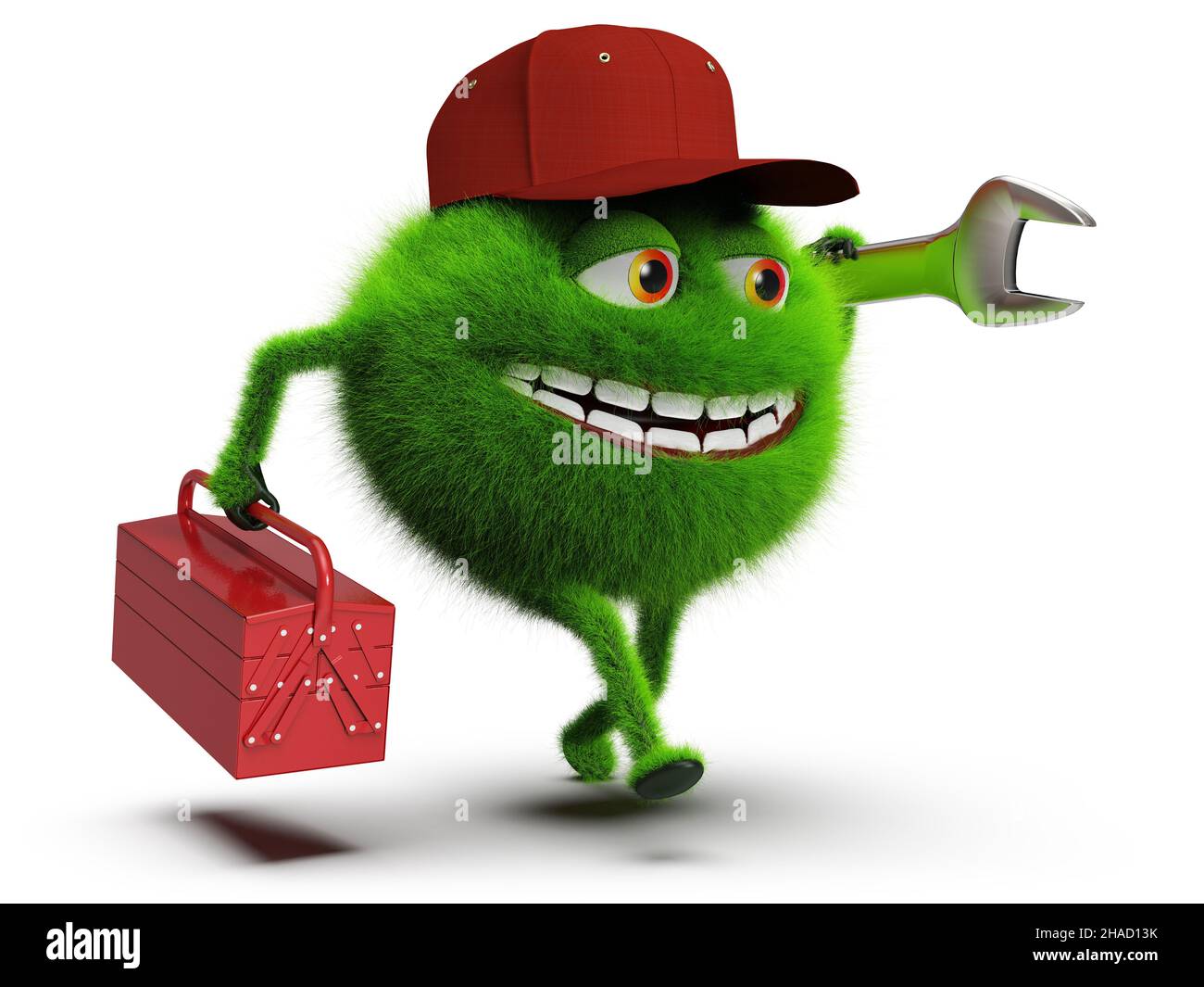 Green furry monster as handyman with toolbox and wrench, isolated on white background, 3D rendering Stock Photo