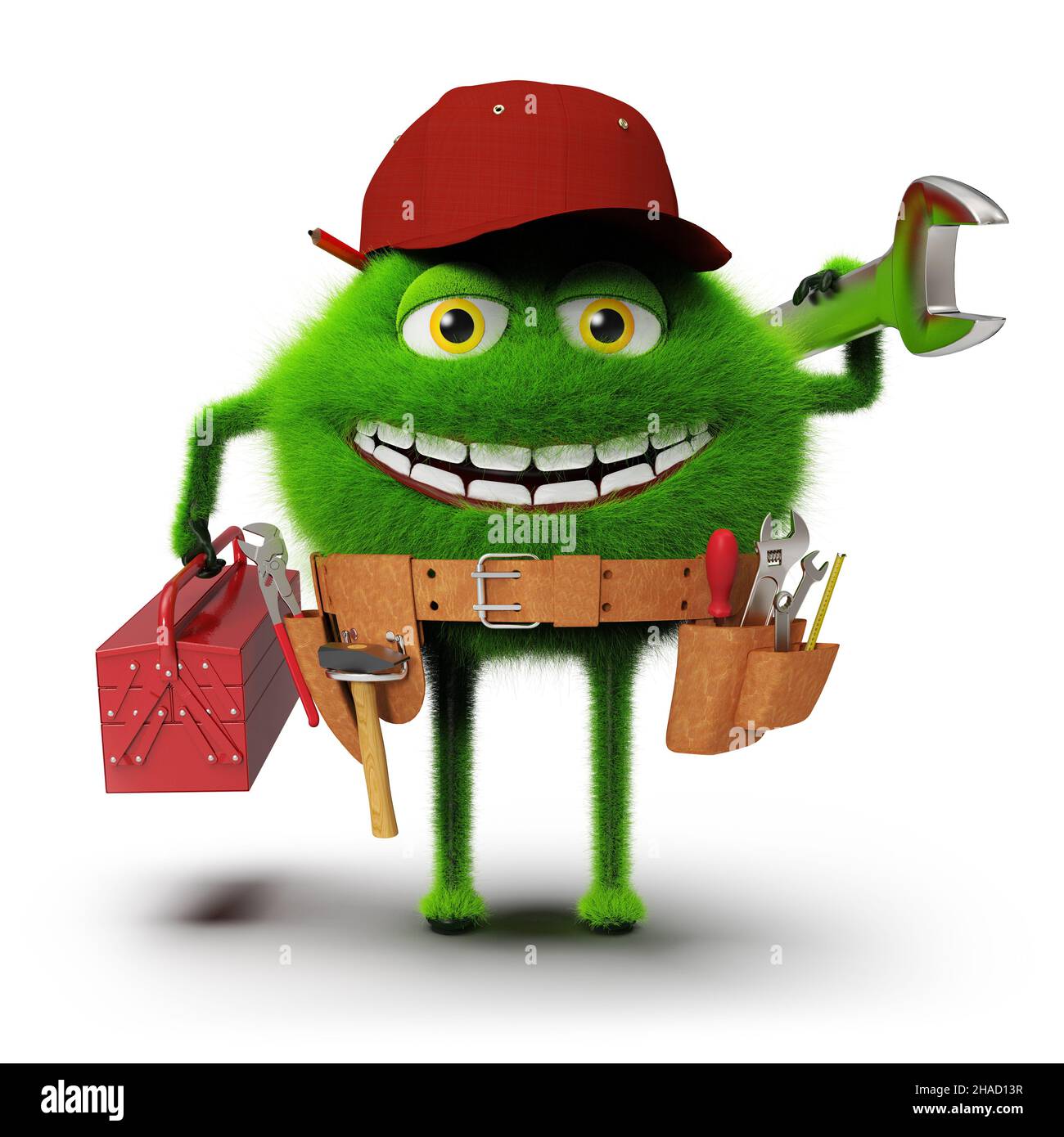 Green furry monster as handyman with toolbox, wrench and tool belt, isolated on white background, 3D rendering Stock Photo
