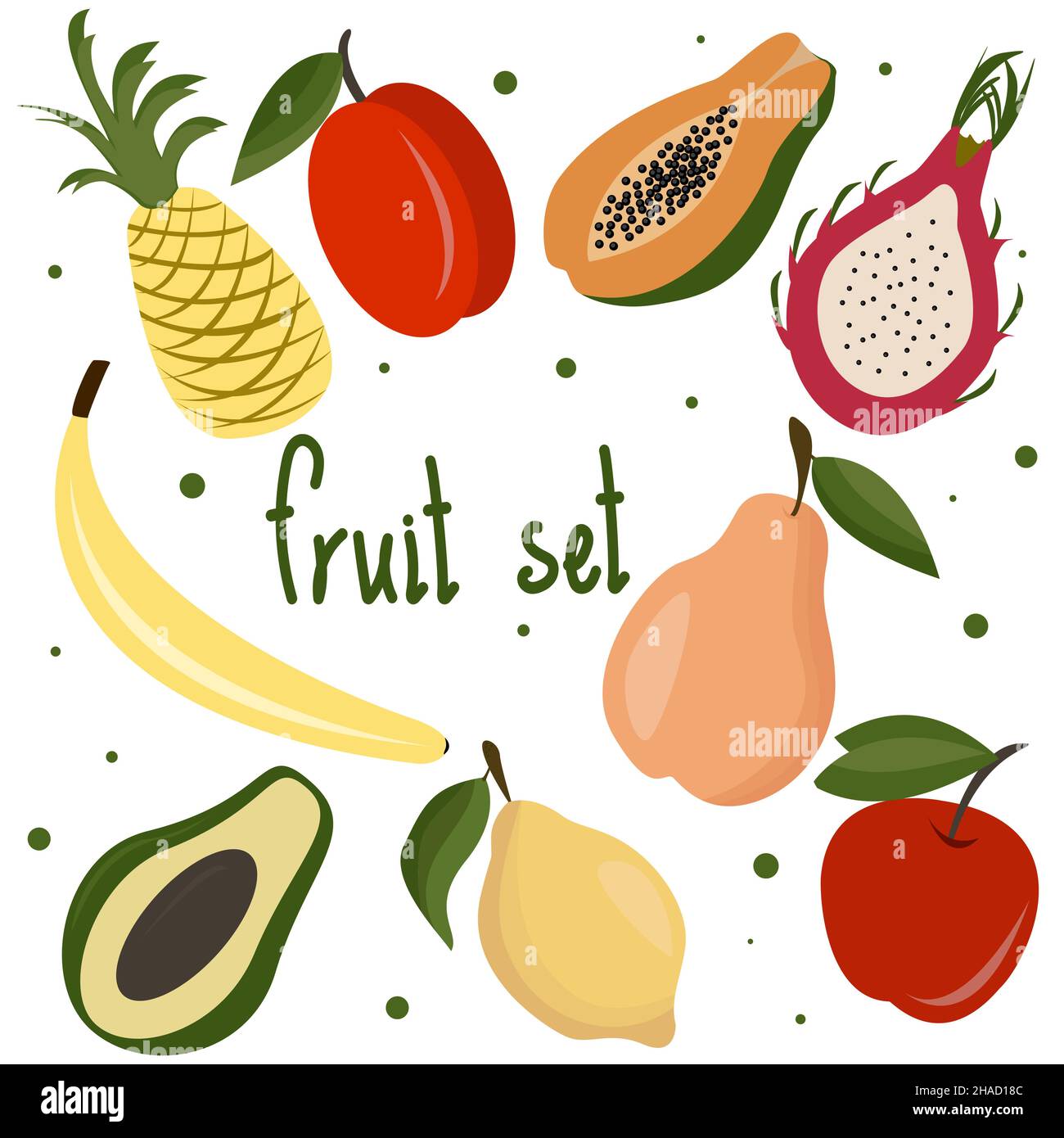fruit set banana dragon fruit papaya Stock Vector