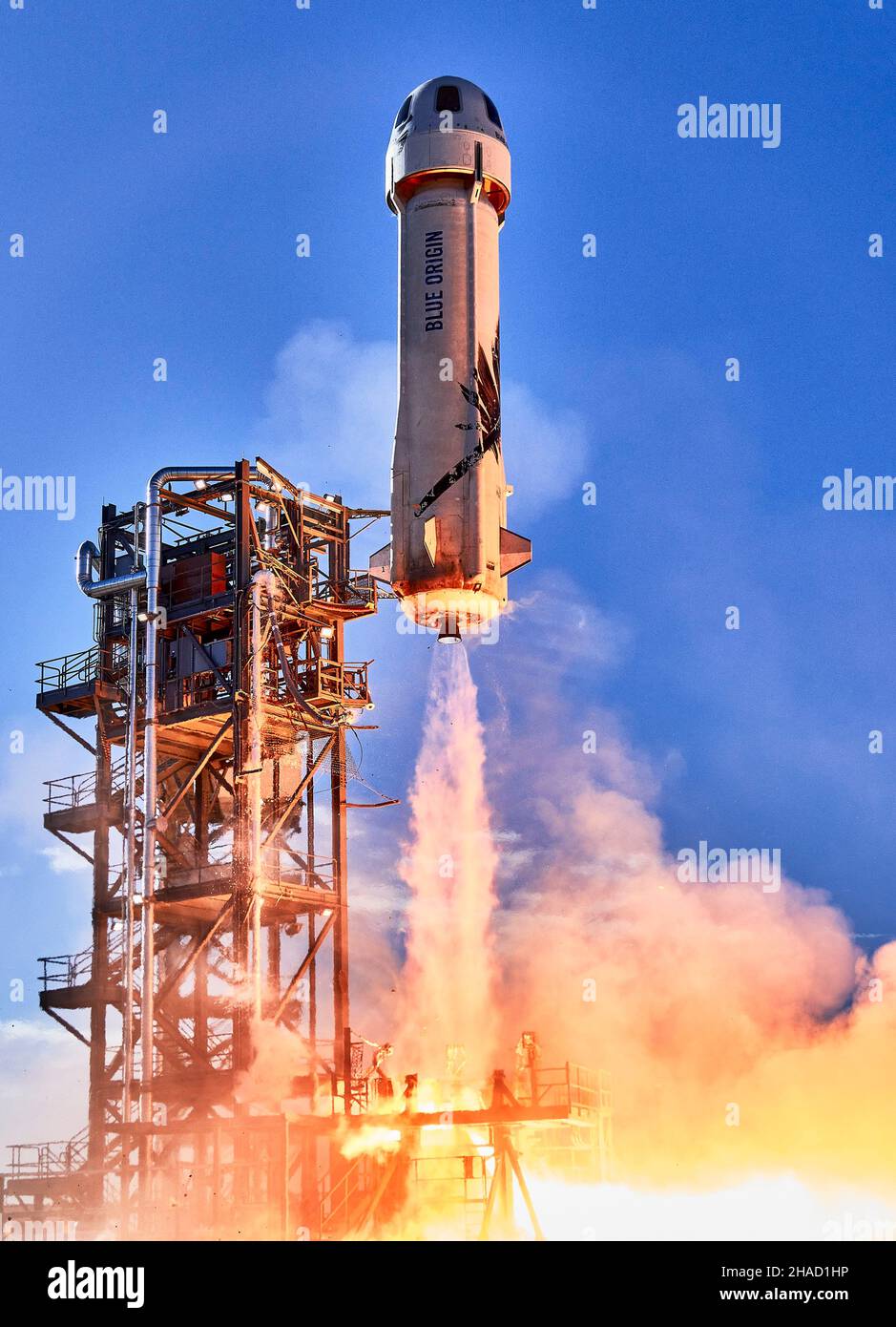 ABOARD NEW SHEPARD, EARTH - 13 October 2021 - The Blue Origin New Shepard NS-18 rocket mission launches into space for a sub-orbital flight on 13 Octo Stock Photo