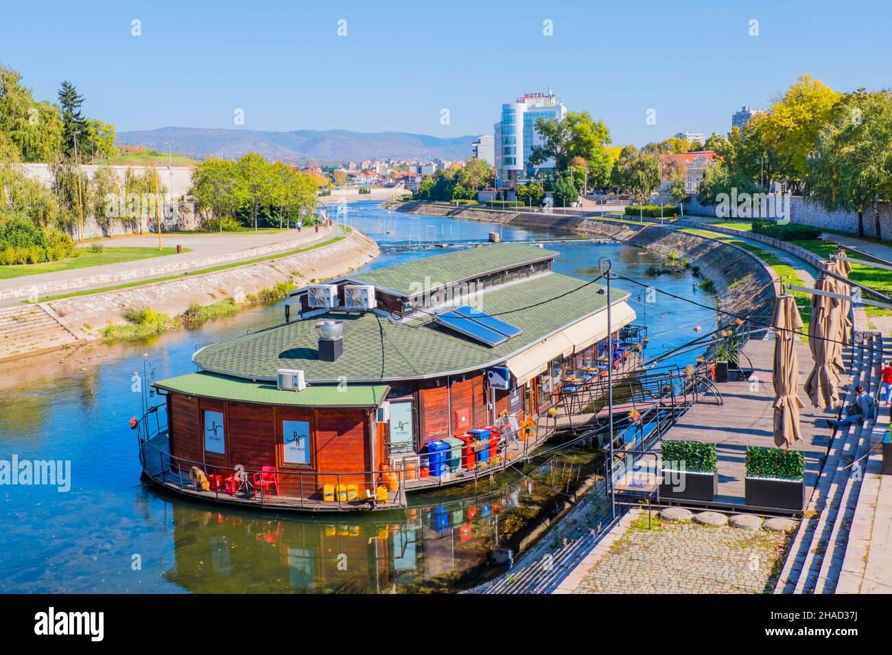 Boat restaurant, Nišava riverside, Niš, Serbia Stock Photo