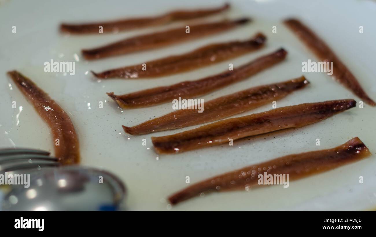 Cantabrian anchovies served as a starter, a salting preparation of anchovies (Engraulis encrasicholus); they are presented after cleaning, filleting, Stock Photo