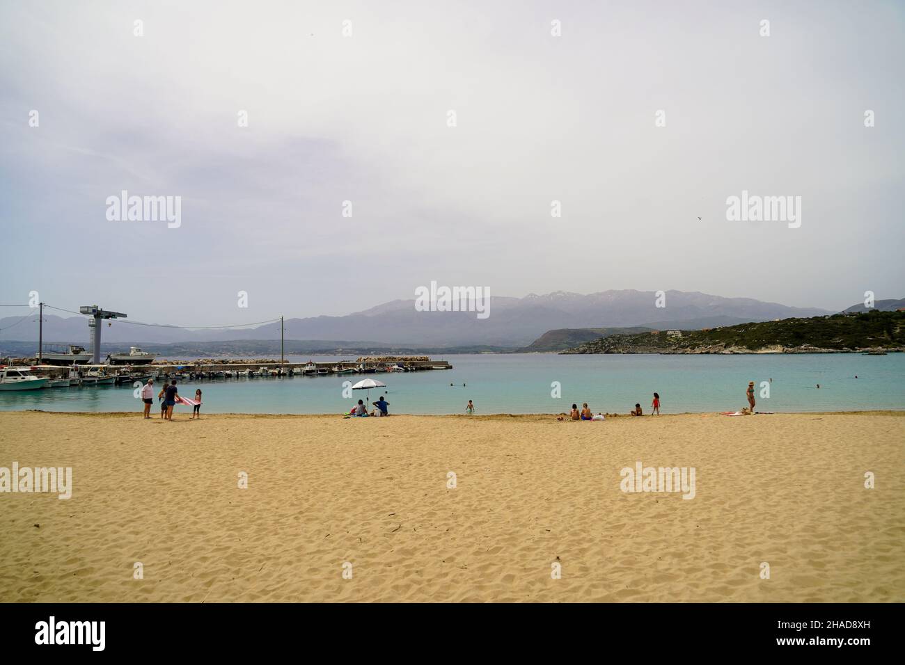 Holiday makers on the beach at Chania, Crete, Greece Stock Photo