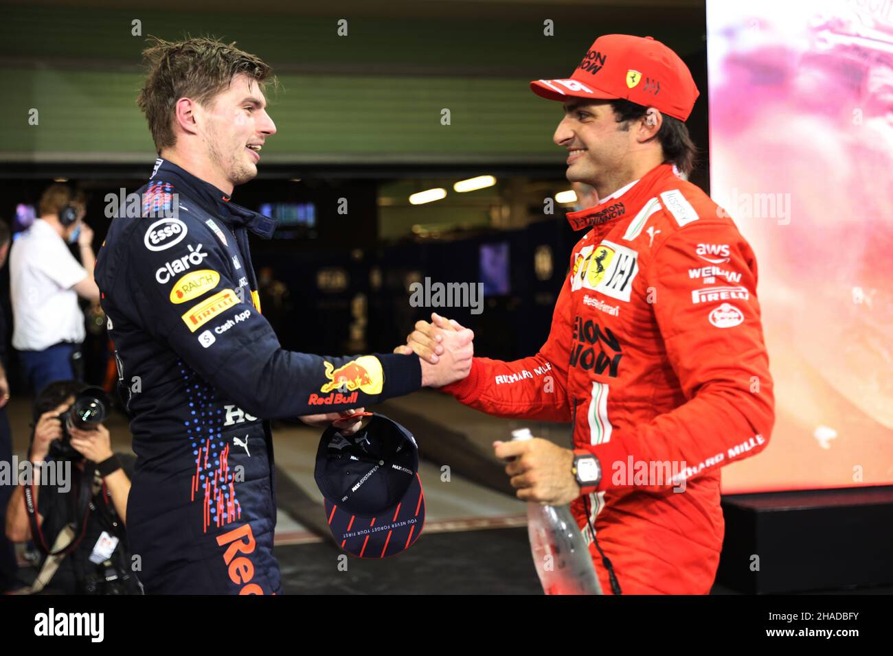 Abu Dhabi Abu Dhabi 12th Dec 21 Race Winner And World Champion Max Verstappen Nld Red Bull Racing Celebrates With Third Placed Carlos Sainz Jr Esp Ferrari In Parc Ferme 12 12 21 Formula Abu Dhabi Abu Dhabi 12th Dec 21 Race Winner And World Champion Max Verstappen Nld Red Bull Racing Celebrates With Third Placed Carlos Sainz Jr Esp Ferrari In Parc Ferme 12 12 21 Formula