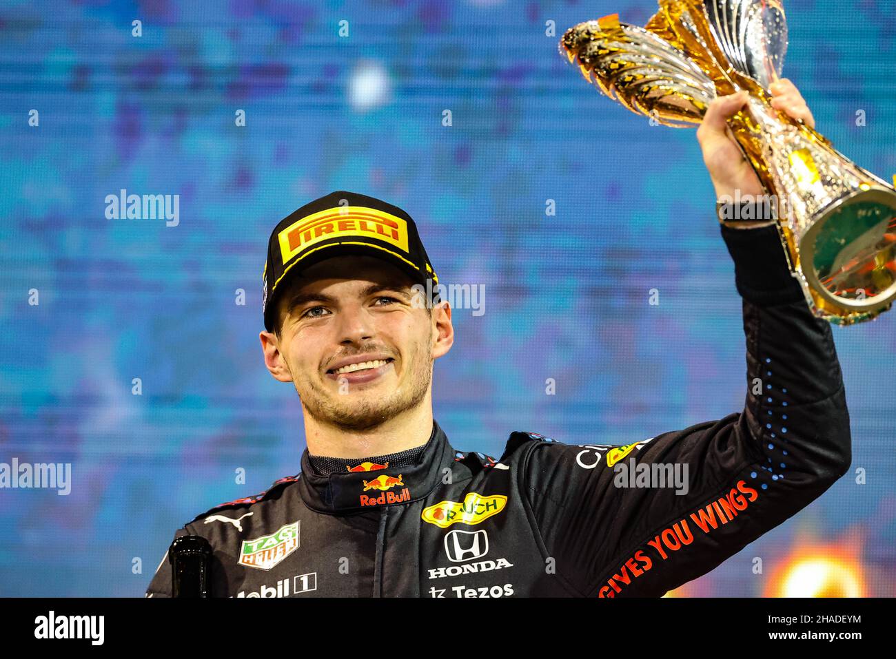 Max Verstappen celebrating on Abu Dhabi 2021 podium
