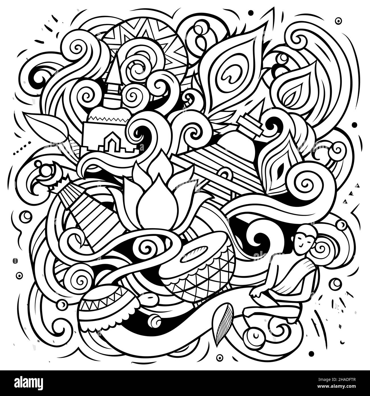 India hand drawn vector doodles illustration. Indian poster design. Funny elements and objects cartoon background. Stock Vector
