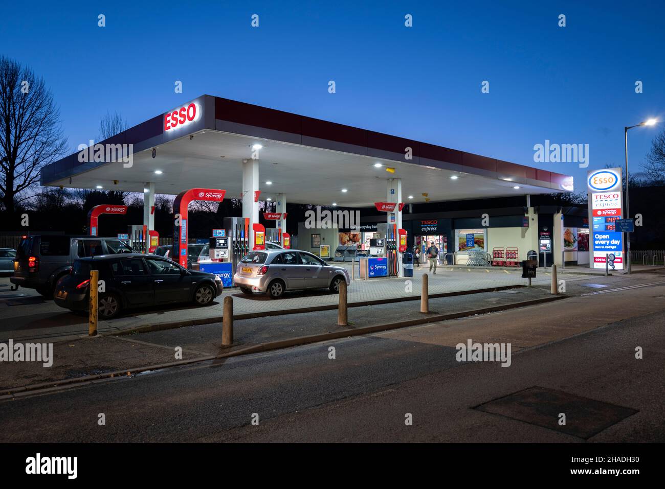 Early evening view of an Esso Petrol (Gas) Station in Hertfordshire, England. Stock Photo